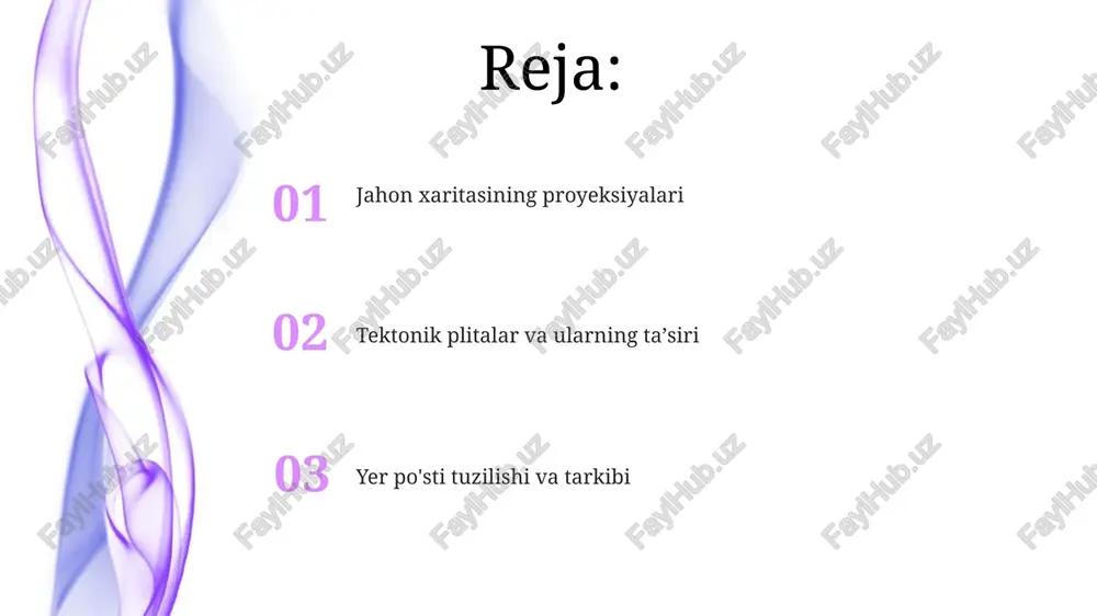 rini kattalashtiradi (masalan, grenlandiya janubiy amerikadan katta ko'rinadi), gall-peters kabi teng maydonli proyeksiyalar esa shakllar buzilishi hisobiga nisbiy o'lchamlarni aniq aks ettiradi yer sharining (diametri 7926 mil) sharsimon litosferasini 2d tekislikka proyektsiyalash jahon xaritalarida buzilishlarga olib keladi yerning qattiq tashqi qobig'i (litosfera, o'rtacha 100 km qalinlikda) yer po'sti va yuqori mantiyadan iborat. plitalar tektonikasi nazariyasi uning bir necha harakatlanuvchi plitalarga (masalan, tinch okeani, shimoliy amerika, yevroosiyo plitalari) bo'linishini tushuntiradi litosfera-astenosfera chegarasi seysmik tomografiya lab chuqurligining global miqyosdagi o'zgarishlarini ko'rsatadi; okean oraliq tizmalari ostida (masalan, sharqiy tinch okeani ko'tarilishi) sayozroq bo'lib, yuqori issiqlik oqimi va vulkanik faollik hududlarini yaratadi. kratonlar ostidagi (masalan, kanada qalqoni) chuqurroq lab sovuqroq va zich litosferani aks ettiradi labning fizik xossalari (mustahkamlik, yopishqoqlik, temperatura) litosfera va astenosfera o'rtasidagi o'zaro ta'sirlarni boshqaradi. bu keskin chegaralanmagan, balki seysmik to'lqin tezligining pasayishi va egiluvchanlikning ortishi bilan tavsiflangan o'tish zonasidir yer qobig'ining asosiy xususiyatlari yer sharining litosferasi yettita yirik tektonik plitalardan …