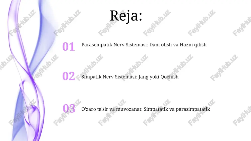 sishi (kaft terlashi) va qondagi glyukoza miqdorining oshishi kuzatiladi parasempatik nerv sistemasining (pns) asetilxolin orqali vositachiligida sns ta'siriga qarshi turadi. yurak urishi sekinlashadi ( 100 u/min) va yurak-qon tomir hodisalari (miokard infarkti, insult) xavfini oshiradi, bu butun dunyoda millionlab odamlarga ta'sir qiladi. yurak (bradikardiya, 20-40 urish/daqiqada), o'pka (bronxospazm) va ichak (qabziyat, ileus) kabi organlarga ta'sir etuvchi parasimpatik disfunksiya o'lim-xoligini sezilarli darajada oshiradi; vagus nervi muhim ahamiyatga ega. simpatik va parasimpatik sistemalar o'rtasidagi o'zaro ta'sirlar sns ko'krak va bel umurtqa pog'onasida (t1-l2), psns esa miya sopi (iii, vii, ix, x kranial nervlari) va sakral umurtqa pog'onasida (s2-s4) joylashgan. sns qisqa preganglionar va uzun postganglionar tolalarni, psns esa uzun preganglionar va qisqa postganglionar tolalarni ishlatadi simpatik (sns) va parasimpatik (psns) nerv sistemaslari atsetilxolin (psns ganglion oldingi va ba'zi ganglion keyingi neyronlari) va norepinefrin/epinefrin (sns ganglion keyingi neyronlari) orqali qarama-qarshi ta'sir ko'rsatadi. yurak urishi: sns oshiradi (sinoatrial tugunida β1-adrenergik retseptorlar); psns pasaytiradi (muskarin …