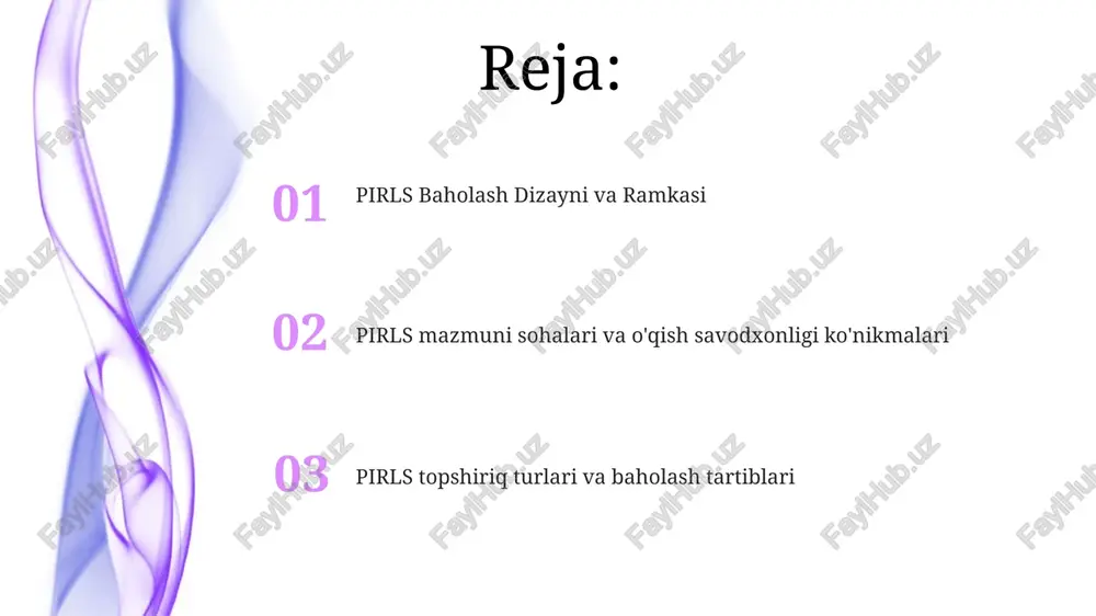 'z ichiga oladi. qatnashuvchi mamlakatlar va hududlar pirls 2021 57 ta mamlakat/hududda 4-sinf o'quvchilarining o'qishni tushunishini baholadi; yevropa (masalan, angliya, germaniya, rossiya), osiyo (masalan, xitoy, yaponiya, singapur), shimoliy amerika (masalan, aqsh, kanada), janubiy amerika (masalan, braziliya). ishtrok etgan davlatlar/hududlar 4-sinf o'quvchilarining (har davlatdan ~300-600) vakillik doirasini ta'minlovchi qat'iy namunaviy tekshiruvlarga rioya qiladilar. ma'lumotlar tahlili keng ko'lamli statistik modellashtirish va hisobotlarni o'z ichiga oladi. natijalar o'qish savodxonligining xalqaro taqqoslashini taqdim etadi. pirls ikki asosiy baholash vazifasidan foydalanadi: ko'p tanlovli savollar (kts) va tuzilgan javobli savollar (tjs), turli matn formatlarini (rivoyat, bayon, axborot) o'z ichiga oladi. adabiy va axborotli matnlar qamrab olingan. har bir testda taxminan 50-60 ta topshiriq. o'qishni baholash ramkasi ramka 5 sohada o'qishni tushunishga urg'u beradi: ma'lumotni topish, talqin qilish, birlashtirish va talqin qilish, tanqidiy baholash, mulohaza yuritish va monitoring qilish; baholashda ko'p tanlovli va ochiq savollar mavjud; natijalar milliy ta'lim siyosatiga yo'naltirilgan. 2021-yilgi pirls tadqiqoti 57 mamlakat/hududdagi 4-sinf …