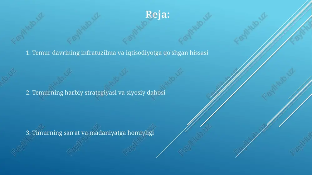 n) hindistongacha turli iqtisodlarni birlashtirdi va katta soliq daromadlari keltirdi (faqat misrdan yiliga 600 000 dinor). bu mablag'lar infratuzilma loyihalari va harbiy yurishlarga sarflangan. diplomatiya va xalqaro munosabatlar temur'ning diplomatik strategiyasi misr mamluklari (1390-yillar), oltin o'rda (1391) va dehli sultonligi (14-asr) bilan tuzilgan shartnomalar orqali eron, markaziy osiyo, kavkaz va anadolu hamda hindistonning bir qismlarida keng hududiy nazoratni ta'minladi temur saroyi ko'plab elchilarni, jumladan, ming xitoy, usmonli imperiyasi va turli yevropa davlatlarining vakillarini qabul qildi temur 14-asrda harbiy kuchini diplomatik maqsadlarga erishishda, yaʼni tokhtamish (oltin oʻrda xoni) kabi raqiblarini kuch va muzokaralar orqali boʻysundirishda qoʻllagan. bu samarqanddan usmonli imperiyasi chegaralarigacha boʻlgan hududlarni kengayishi va resurslarni qoʻlga kiritishga olib keldi. san'at va fanlarni homiylik qilish temur saroyi samarqandda imperiyasining turli hududlaridan yetakchi olimlar, astronomlar (masalan, yulduz turkumlarini, sayyoralar harakatini o'rganish), matematiklar va shifokorlarni jalb qildi. ilmiy tadqiqotlarga va texnologik yangiliklardan foydalanish murakkab sug'orish tizimlari, ilg'or qurollar va astronomiya sohasidagi yutuqlarida namoyon …