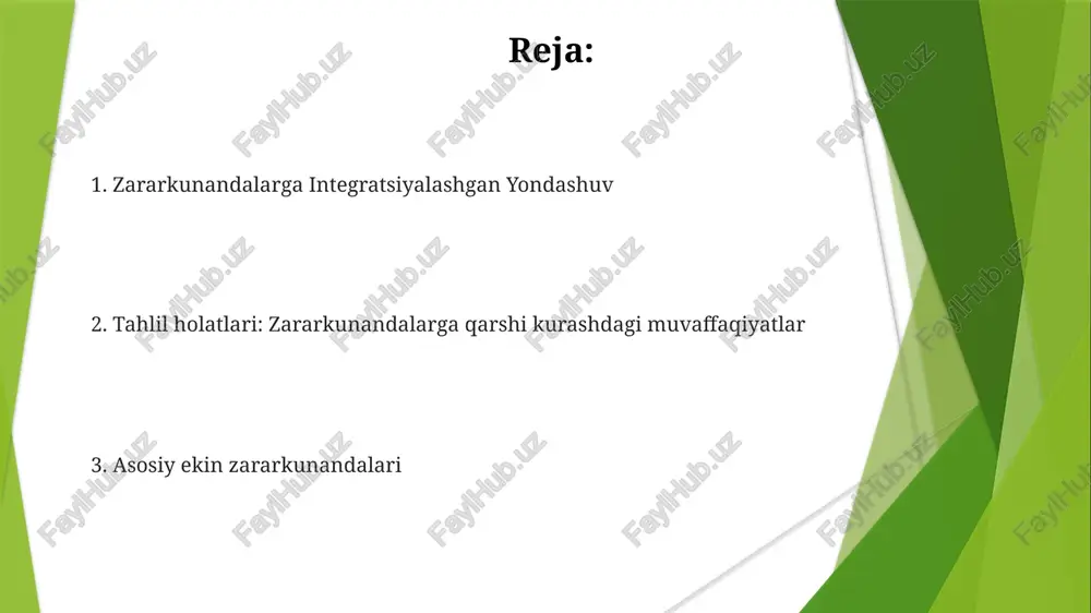 li orqali baholanadi. zararkunandalarga integratsiyalashgan yondashuv (ziy) ipm madaniy (o'simlik almashinuvi, 30-60 sm qator oralig'i), biologik (aqshning g'arbiy o'rtasida lepidoptera zararkunandalari uchun bacillus thuringiensis) va kimyoviy (vashington shtatidagi olma bog'larida olma kurti qurtlariga qarshi 200 g/ga spinosad) usullarni birlashtirib, pestitsidlar ishlatilishini kamaytiradi. virusli kasalliklar va ularning oldini olish influenza a (h1n1) kabi virusli kasalliklar yiliga global miqyosda 10-20% aholini qamrab olib, vaktsinatsiya (masalan, keksa odamlarda 80% samaradorlik) va gigiena qoidalari (qo'llarni yuvish, 60 sekunddan ortiq) kabi profilaktika choralari zarur chorva mollarda virusli kasalliklar (masalan, oʻzbekiston va osiyoda qoramolga taʼsir qiluvchi ogʻiz va tirnoq kasalligi virusi) tezkor choralarni talab qiladi. bunga yuqtirilgan podalarni yoʻq qilish (>90% tarqalishni kamaytirish), karantin choralari va emlash kampaniyalari (samaradorligi emlash turiga qarab 70-95%) kiradi kolorado kartoshka qo'ng'izi (leptinotarsa decemlineata) kabi zararkunandalar hosildorlikka katta zarar yetkazadi (ishlov berilmagan dalalarda 50% gacha) ekin zararkunandalari haqida kirish zararkunandalarga qarshi turli strategiyalar qo'llaniladi: ekologik toza biopestisidlar (masalan, neem yog'i, spinosad), …