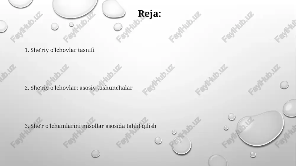 dagi mashhurligi; v.vysotskiy, b.okujava misollari; xalq she'riyatining ta'siri; metrik o'zgaruvchanlik. zamonaviy rus she'riy o'lchovlari: jamb, xorey, daktil, anapest; stoplar soni (ikki stopli, uch stopli va hokazo); ritmik tuzilma (masalan, axmatovaning "rekvim" she'ridagi uch stopli xorey o'lchovi). zamonaviy shoirlar asarlaridan misollar (masalan, evtushenko, voznesenskiy). aktsentli she'r: erkin she'r yozish; mantiqiy urg'uning ahamiyati; verlibning 20-21-asr rus she'riyatiga ta'siri; brodskiy va boshqa zamonaviy mualliflar ijodidan misollar; turli she'riy sxemalar. klassik oʻlchovlar: yamb, xorey, daktil, amfibraxiy daktil (uch bo'g'inli she'r, birinchi bo'g'inda urg'u): rus she'riyatida kam uchraydi, tuzilishi murakkab, 6 ta stopa, mohirlikni talab qiladi, ritmik jihatdan boy. xorey (ikki boʻgʻinli sheʼr, birinchi boʻgʻinda urgʻu): nekrasov, blok, koʻpincha 3, 4, 6 taxpis, "kimga rossiyada yaxshi yashash?", "oʻn ikki", dinamik ritm. ikki bo'g'inli misra (ikkinchi bo'g'inda urg'u): pushkin, lermontov, ko'pincha 4, 6, 8 bo'g'in, "evgeniy onegin", "mtsyri", rus klassik she'riyati. hajm va ritm fet, tyutchev, blok, axmatova she'rlarini tahlili; 5-bo'g'inli yamb, 3-bo'g'inli xorey, dolnik; taktil …
