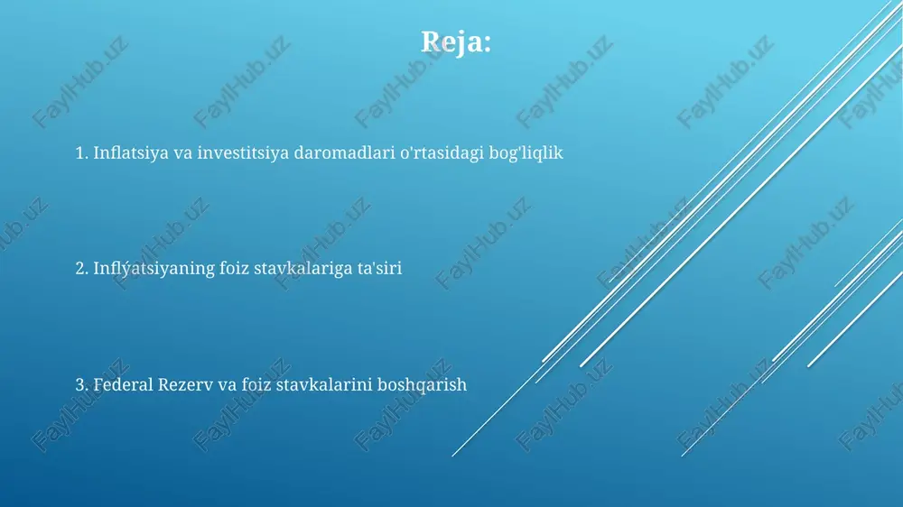 musbat korrelyasiyaga ega filipps egri chiziği inflyatsiya (iste, pce) va ishsizlik (aqsh, yevro zona) o'rtasidagi teskari bog'liqlikni ko'rsatadi yuqori inflyatsiya sotib olish qobiliyatini pasaytiradi, real foiz stavkalariga (nominal stavkasi – inflyatsiya stavkasi) ta'sir qiladi. investorlar kutilayotgan inflyatsiyani qoplash uchun yuqori nominal foiz stavkalarini talab qiladilar (fisher effekti) markaziy banklarning roli markaziy banklar (masalan, federal rezerv (aqsh), yevropa markaziy banki (ymb), angliya banki) inflyatsiyaga ta'sir qilish uchun pul-kredit siyosati vositalarini – asosan foiz stavkalarini (masalan, federal fondlar stavkalari, refinansirovka stavkalari) boshqaradi inflyasiya va foiz stavkalari o'rtasidagi munosabat teskari, filipps egri chizig'i bilan tasvirlangan. yuqori inflyasiya (masalan, veymar germaniyasidagi giperinflyasiya) odatda markaziy banklarni iqtisodiyotni sovutish uchun foiz stavkalarini oshirishga majbur qiladi markaziy banklar sog'lom iqtisodiy muhitni saqlash uchun narx barqarorligiga (masalan, ko'plab rivojlangan mamlakatlarda 2% inflyatsiya maqsadi) intilishadi. inflyatsiyaning kutilmagan o'zgarishlari (masalan, neft narxining keskin oshishi tufayli yuzaga keladigan o'sish) iqtisodiy rejalashtirish va investitsiya qarorlarini buzishi mumkin inflatsiyaga qarshi kurash va foiz …