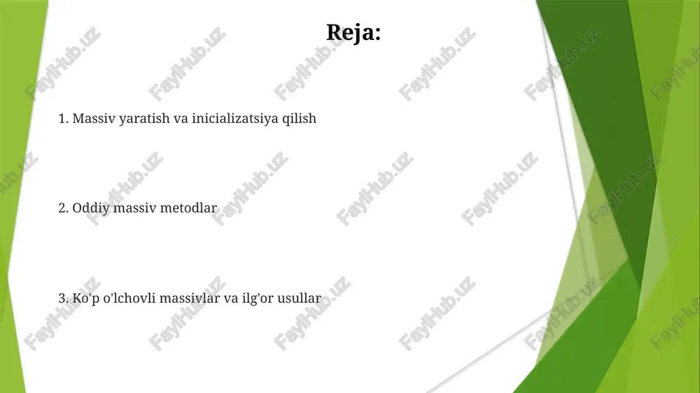 `splice()` (muayyan indeksga qo'shish – masalan, `myarray massiv metodlar, masalan `concat()`, massivlarni birlashtiradi (masalan, `[1,2].concat([3,4], [5, "tokyo"])` natijada `[1, 2, 3, 4, 5, "tokyo"]` beradi). `slice()` qismni ajratib oladi: `myarray.slice(1, 4)` 1-indeksdan 4-indeksgacha (4-indeksni o'z ichiga olmay) elementlarni qaytaradi. `indexof()` ma'lum bir elementning indeksini topadi (masalan, `myarray takrorlash muhim: `for` tsikl massivning har bir elementini qayta ishlaydi. `foreach()` metodi esa kallbek funksiyasi bilan iteratsiya qiladi. `map()` har bir elementga funksiya qo'llab yangi massiv yaratadi. `filter()` esa shartni qanoatlantiruvchi elementlardan yangi massiv yaratadi massiv uzunligi va hajmi massiv uzunligi massivning elementlar sonini bildiradi; java'ning `length` xossasi (masalan, `myarray.length`), c++ning `size()` metodi (vektorlar uchun), pythonning `len()` funksiyasi bu sonni beradi ko'p o'lchovli massivlar ma'lumotlarni qator va ustunlar (matritsalar) ko'rinishida ifodalaydi. e'lon qilishda o'lchamlar ko'rsatiladi (masalan, c++ da `int matrix[3][4]` 3x4 matritsani yaratadi). elementlarga kirish uchun qator va ustun indekslari ko'rsatilishi kerak (`matrix[1][2]` 1-qator, 2-ustun elementini oladi) massivlarni qayta ishlash elementlarni qo'shish, o'chirish …