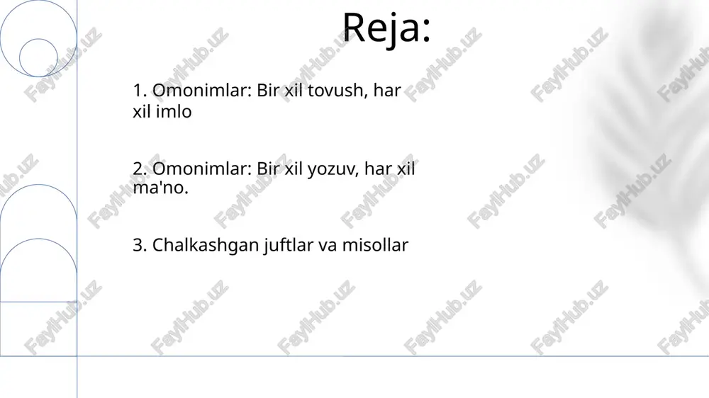 tovushga bog'liq. ba'zilari ikkalasi ham (masalan, "there" va "their"), ko'plari esa faqat bittasiga tegishli. dunyo bo'yicha 1000 dan ortiq keng tarqalgan so'z juftligi bu til hodisasini ko'rsatadi. 4. qo'shma so'zlar: lead (metall) va lead (boshqarish); minute (60 sekund) va minute (mayda); bow (qurol) va bow (egilish). imlosi bir xil, lekin talaffuzi va ma'nosi har xil. har biri 2 ma'noga ega. bir xil ovozlanadigan so'zlar: ularniki (egalik olmoshi), u yerda (joy), ular (ulardir); ga, ham, ikki; eshitmoq, mana bu yerda. bu so'zlar bir xil ovozlanadi, lekin yozilishi va ma'nosi har xil. joy nomlari: topeka, kansas; two rivers, viskonsin. 1. omonimlar: bank (moliya muassasasi) va bank (daryo boʻyi); yarasa (uchuvchi sutemizu) va bitta (beysbol jihozi); adolatli (adolatli) va yarmarka (karnaval). bu soʻzlar yozilishi va talaffuzi bir xil, lekin maʼnolari har xil. 1, 2, 3... 5. gomofonlar misollari ingliz tilida bir xil o'qiluvchi, lekin ma'nosi har xil so'zlar (masalan, "their", "there", "they're") yozma …
