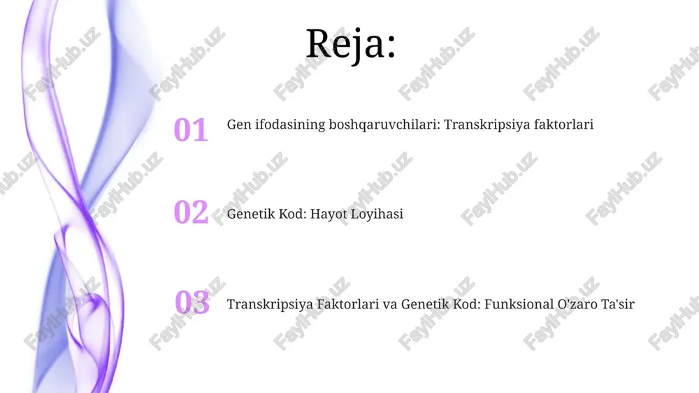 y juftligidagi promouterlarda ~20 bp to bog'lanish joylarini aniqlaydi. chip-seq texnologiyasi genom bo'ylab transkripsiya faktorlari (masalan, sichqon embrional poyasi hujayralaridagi oct4) bog'lanish joylarini aniqlaydi (minglab bog'lanish joylari); qpcr esa promoterlar, genlar yaqinidagi enhanserlar va β-globin lokus nazorat mintaqasi kabi hududlardagi chip boyitilishini tasdiqlaydi. transkripsiya faktor tarmoqlari transkripsiya faktorlari tarmoqlari (tft) inson genomining ~10% ga bog'lanuvchi ~2000 inson transkripsiya faktorlari (tf) orqali gen ekspressiyasini boshqaradi va rivojlanish (masalan, drosophiladagi hox genlari) va kasalliklarga (masalan, p53 o'sma supressori) ta'sir qiladi tf oqsillari ketma-ketligini, tuzilishi va funksiyasini belgilaydigan genetik kod (20 aminokislotaga mos keladigan 64 kodon) asosida. tf genlaridagi bitta nukleotid polimorfizmlari (snplar) ularning oqsil ketma-ketligini o'zgartirib, bog'lanish affinitati va transkripsiya faolligini ta'sir qiladi (masalan, ap-1 kompleksidagi snplar saratonga bog'liq) genlar tomonidan kodlangan transkripsiya faktorlari (tflar) sink barmoqlari, leytsin ziplari, helix-turn-helix motivlari kabi turli dnk bog'lovchi domenlar (dbd) yordamida dnkga (asosiy va kichik oluklarga) bog'lanadi. ularning bog'lanish qobiliyati juda xilma-xil bo'lib, gen ekspressiyasi …