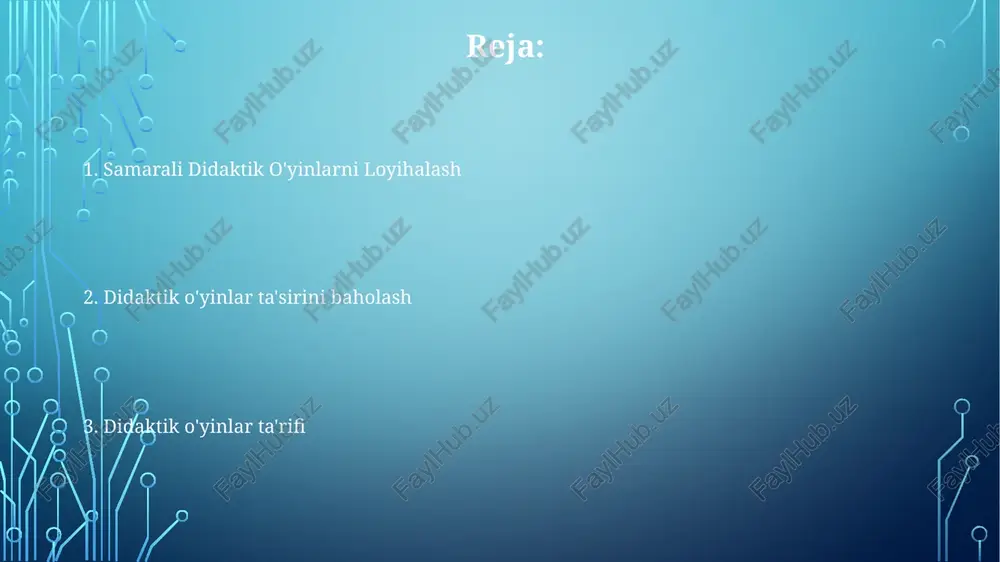 mavzulalar) talab qiladi tarixiy voqealarga asoslangan (monopolyga o'xshash) stol o'yinlari, telefon va planshetlar uchun o'quv dasturlari, va qadimgi rim yoki o'rta asr yevropasi voqealarini simulyatsiya qiluvchi rol o'yinlari. geografik, adabiy fanlar bo'yicha turli pedagogik yondashuvlar (hamkorlikda o'rganish, farqlashtirilgan ta'lim) qo'llaniladi didaktik o'yinlar (masalan, 20 savol, xotira, bingo) ta'lim muassasalarida (sinf xonalar, muzeylar) matematika, fan, tarix kabi tushunchalarni 5-12 va 13-18 yoshdagi bolalarga o'rgatish uchun tuzilgan o'yin jarayonini (3-5 o'yinchi, 1 soat davomiyligi) qo'llaydi e'tiboringiz uchun rahmat @taqdimot_robot image1.png image2.png image3.png image4.png image5.png
