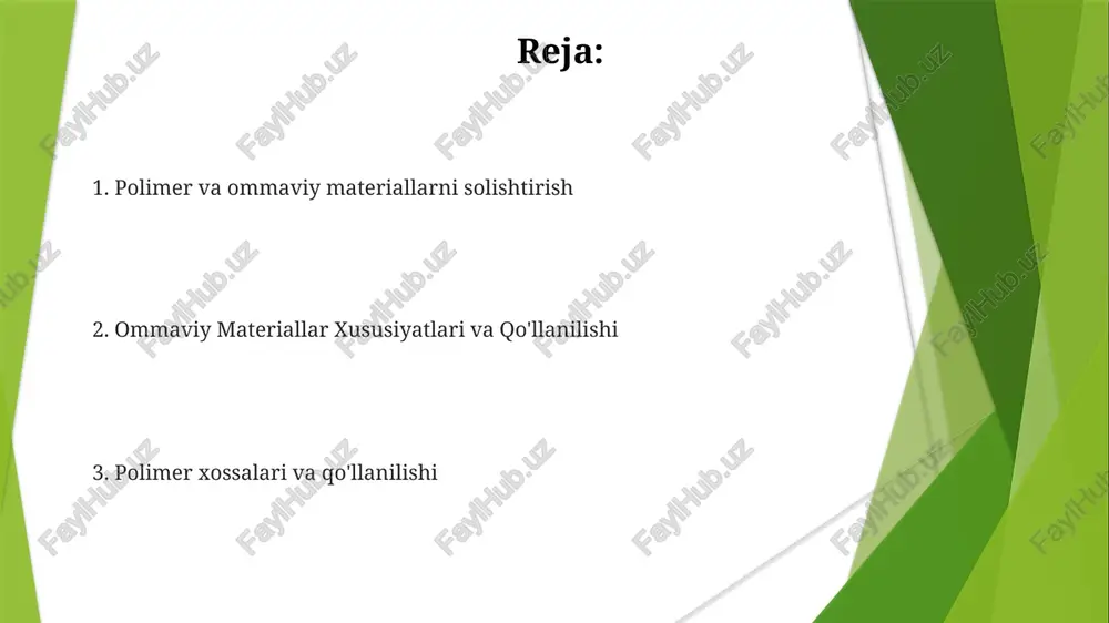 anjirining harakatchanligi termal xossalarga ta'sir qiladi polimerni qayta ishlash usullari ommaviy materiallar (masalan, saudiya arabistonidan tonnalab polipropilen granulalari; tayvandan donador pvx smolası) samarali yuk tashish va saqlashni talab qiladi. transport (konteynerlar, vagonlar) narx va ekologik barqarorlikka ta'sir qiladi polimerni qayta ishlash ekstruziya (masalan, 300 mm diametrli burg'u, germaniyada hdpe quvur ishlab chiqarish), quyma presslash (masalan, 100 tonna kuch, polipropilen avtomobil qismlari, xitoy) va puflash orqali shakllantirish (masalan, 2 litrli pet shishalar, aqsh; ikki o'qli yo'naltirish)ni o'z ichiga oladi polimer materiallar amorf (pmma, polistirol) va yarim kristalli (pet, naylon 6,6) tuzilmalarga ega bo'lib, ularning mustahkamligi (mpa), eritilgan oqim ko'rsatkichi (g/10 min) va shisha o'tish harorati (°c) kabi xususiyatlariga ta'sir qiladi ommaviy materiallarni qo'llanilishi ko'p miqdordagi materiallar turli sohalarda qo'llaniladi: qurilish (beton, 3000 psi mustahkamlik), konchilik (temir rudasi, 62% fe miqdori) va energetika (ko'mir, 10,000 btu/lb), xitoy, avstraliya va aqsh kabi joylardagi loyiha miqyosi va narxiga ta'sir qiluvchi turli xil material xususiyatlarini …