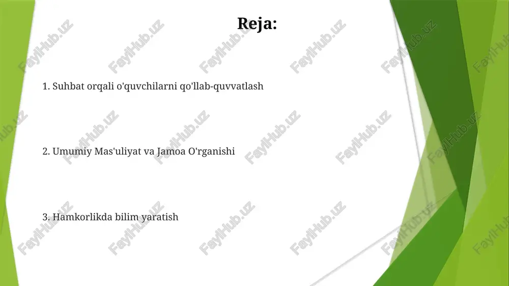 yicha) va individual testlar (masalan, 10 savolli test) kabi baholash strategiyalari talab etiladi. o'quvchilarni kuchlantirish hamkorlikda o'rganish turli muhitlarda (masalan, chikago shahar va appalachi qishloq maktablari) o'quv yutuqlarini 20-30% ga oshiradi, 2-5 o'quvchi o'rtasida hamkorlik va tanqidiy fikrlash ko'nikmalarini rivojlantiradi. vygotskiyning ijtimoiy-madaniy nazariyasi va piagetning konstruktivizmiga asoslangan hamkorlik pedagogikasi (fikrlash-juftlash-bo'lishish, jigsou faoliyatlari, tengdosh ta'limi) matematika va tabiiy fanlar bo'yicha barcha yoshdagilar (boshlang'ichdan oliygacha) bilimlarni 50% ga oshiradi. guruh loyihalari oliy o'quv yurtlarida (oksford, stenford, mit universitetlari) samarali guruh loyihalari uchun tuzilgan ko'rsatmalar (loyiha briflari, rubrikalar), aniq belgilangan rollar (rahbar, tadqiqotchi, prezentatsiya qiluvchi), muntazam nazorat (haftalik uchrashuvlar, onlayn forumlar) va resurslarga kirish (kutubxonalar, onlayn ma'lumot bazalari) zarur guruh loyihalari turli muhitlarda (sinf xonalar, onlayn platformalar) turli pedagogik yondashuvlar (hamkorlikda o'rganish, muammoga asoslangan o'rganish) yordamida hamkorlikda o'rganishni (masalan, 2-5 talaba) rivojlantiradi faol ishtirok hamkorlik pedagogikasida asosiy fikrlar: qo'llab-quvvatlash (vygotskiyning yaqin rivojlanish zonasiga asoslangan), o'zaro ta'lim (palinsar va braun modeli) va tengdoshlar baholashi …
