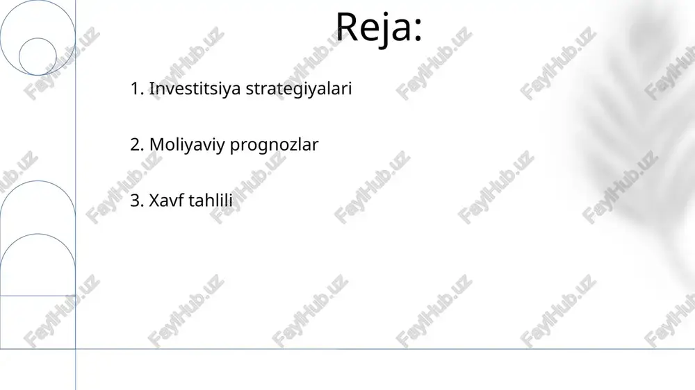 ni 200 ming dollarga oshirib, sof foydani 50 ming dollarga ko'paytirishi mumkin 4. moliyaviy prognozlar manxettenning markaziy qismidagi (15,000 kv. fut) noyob ko'chmas mulkiga 500,000$ investitsiya imkoniyati. yillik daromad 8%, 5 yilda prognoz qilingan rentabellik 15%. markaziy park yaqinida joylashgan, aralash foydalanishga ruxsat beradigan zonasi bor. 20% boshlang'ich to'lov talab etiladi. silikon vodiysidagi innovatsion fintex startap (a seriyasi) uchun 2 million dollarlik venchur kapitali yig'ish. 3 yil ichida foydalanuvchilar sonining 300% ga o'sishi (hozirda 100 000). investitsiya ulush va direktorlar kengashi o'rinini o'z ichiga oladi yangilay energiya sohasida 1 million dollarlik imkoniyat. arizona shtatidagi quyosh elektr stantsiyasi loyihasiga (5 mvt quvvat) investitsiya. prognoz qilingan yillik energiya ishlab chiqarish 8760 mvt/soat. kommunal xizmat ko'rsatuvchi kompaniya bilan elektr energiyasi sotib olish shartnomasi (ppa) mavjud 5. investitsiya imkoniyati sovuq qo'ng'iroqlar (haftasiga 200 ta), yiliga 5 ta soha konferensiyalarida networking va apac mintaqasidagi (avstraliya, singapur, yaponiya) 10 000 potentsial mijozga to'g'ridan-to'g'ri pochta marketingi orqali …
