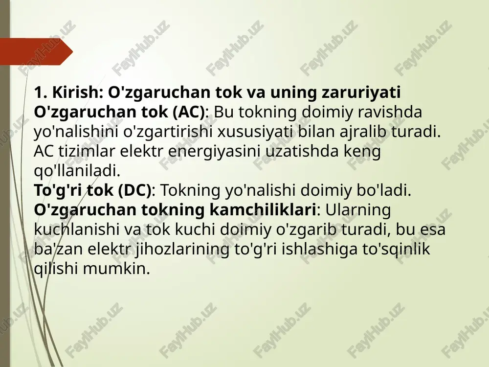 archa yuqori chastotalarni samarali tarzda to'xtatishga yordam beradi. 5. tekislovchi filtrlar turlarining ta'siri o'zgaruvchan tokni silliqlashtirish: tekislovchi filtrlar ac tokning o'zgarishlarini kamaytirish va silliq dc tok hosil qilish uchun zarurdir. elektr tizimlarida qo'llanilishi: ular elektr energiyasini to'g'ri va barqaror shaklga keltirishda, masalan, elektron qurilmalar, kompyuterlar, va boshqa texnologik tizimlarda qo'llaniladi. 6. o'zgaruchan tokni to'g'irlash va filtrlarning amaliy qo'llanilishi quvvat ta'minoti: o'zgaruvchan tokni to'g'irlash va tekislovchi filtrlar quvvat manbalarida keng qo'llaniladi. masalan, elektr qurilmalari uchun barqaror dc ta'minotini yaratish. chastota konvertorlari: elektr energiyasini boshqarishda, masalan, elektr motorlarini boshqarish tizimlarida. elektron qurilmalar: kompyuterlar, audio tizimlar va boshqa yuqori texnologik qurilmalarda yuqori sifatli energiya ta'minotini ta'minlash uchun. xulosa o'zgaruvchan tokni to'g'irlash – bu turli muhandislik va elektronika sohalarida muhim jarayon bo'lib, to'g'ri tokni ishlab chiqarish uchun kerakli usullarni qo'llashni talab qiladi. diodlar, kondensatorlar, induktorlar, regulyatorlar va invertorlar yordamida o'zgaruvchan tokni samarali va barqaror ravishda to'g'irlash mumkin. o'zgaruvchan tok tizimlarida ba'zan elektromagnit shovqinlar (noiz) …