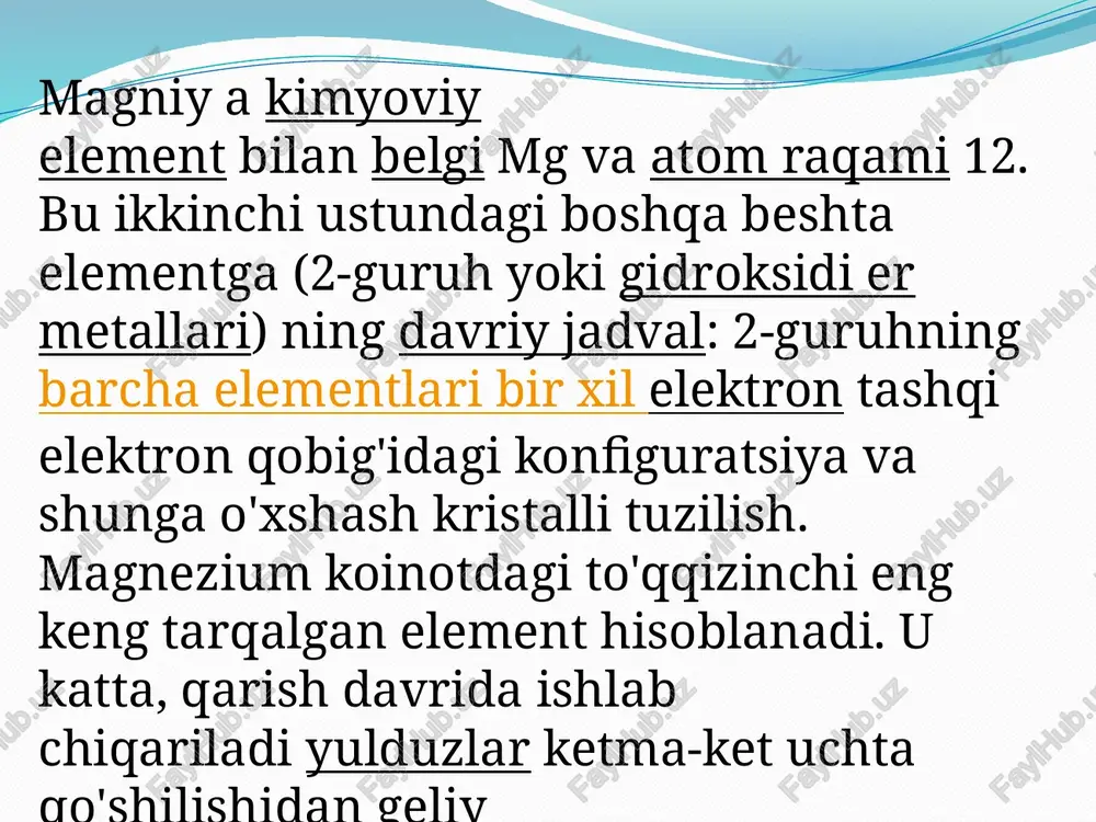 itdan olingan mgcl₂ eritmasidan amalga oshiriladi. eritilgan mgcl₂ dan magniy katodda to‘planadi: xlor ionlari magniyli qotishmalar korroziyasini suvda kuchaytiradi. sutoltirilgan ishkrrlarda kucheiz korroziyalanadi. magniyli qotishmalarning asosiy afzalligi — ular zichligining pastligi. magniyli qotishmalar yaxshi bolgʻalanadi, ularni kesish, shliflash va silliklash jarayonlari yengil oʻtadi. magniyli qotishmalar organik va mineral kislotalarda (xromat va ftorid kislotalar bundan mustasno) hamda tuzlarda korroziyalanadi (yemiriladi). magniy qotishmalari yengilligi, korroziyaga chidamliligi va yaxshi mexanik xossalari tufayli aviatsiya, avtomobilsozlik, elektrotexnika va boshqa sohalarda keng qo‘llaniladi. magniy qotishmalari ikki turga bo‘linadi: 2.1. quyma qotishmalar (casting alloys) quyish uchun mo‘ljallangan. ko‘p ishlatiladigan qotishmalar: az91 (alyuminiy va rux asosida), am60 (alyuminiy-marganes). afzalliklari: yaxshi quyilish xossalari, engil vazn, yaxshi korroziya qarshiligi. 2.2. deformatsiyalanadigan qotishmalar (wrought alloys) qayta ishlash (valtslash, presslash, cho‘zish) uchun yaroqli. kamroq alyuminiy, ko‘proq marganes, rux, sirkoniy va boshqalar bilan legirlangan. mustahkamlik darajasi yuqori, ammo quyish uchun yaroqsiz. qo‘shiladigan asosiy elementlar: al – mustahkamlikni oshiradi. zn – korroziyaga qarshilikni oshiradi. …