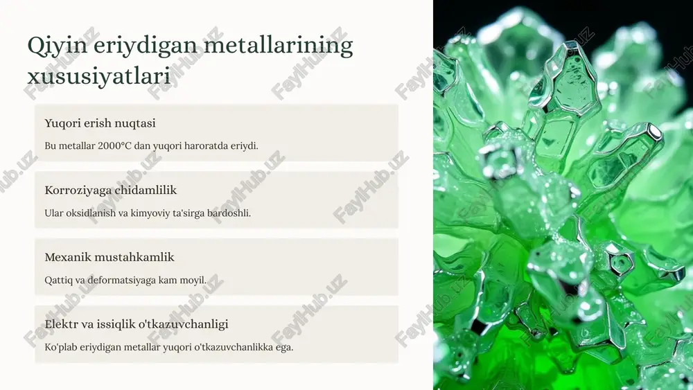 zuvchilar. issiqlik bardoshli qotishmalar volfram va molibden asosidagi issiqlikga chidamli aralashmalar. korroziyaga chidamli qotishmalar tantal va reni elementlari qo'shilgan qotishmalar. 8 qiyin eriydigan materiallardan foydalanishning istiqbollari 1 energiya samaradorligi yuqori haroratda ishlaydigan qurilmalarni yaxshilash. 2 tibbiyotda innovatsiyalar biokompatibil implant va diagnostika asboblari yaratish. 3 kosmik texnologiyalar yarim o'tkazgich va raketa dvigatellarining samaradorligini oshirish. 9 xulosa va savollar qiyin eriydigan metallar sanoatda va ilm-fanda muhimdir. ularning xususiyatlari va qo'llanilishi kengaymoqda. 10 image1.png image2.png image3.png image4.png image5.png image6.png image7.png image8.png image9.png image10.png image11.png image12.png image13.png image14.png