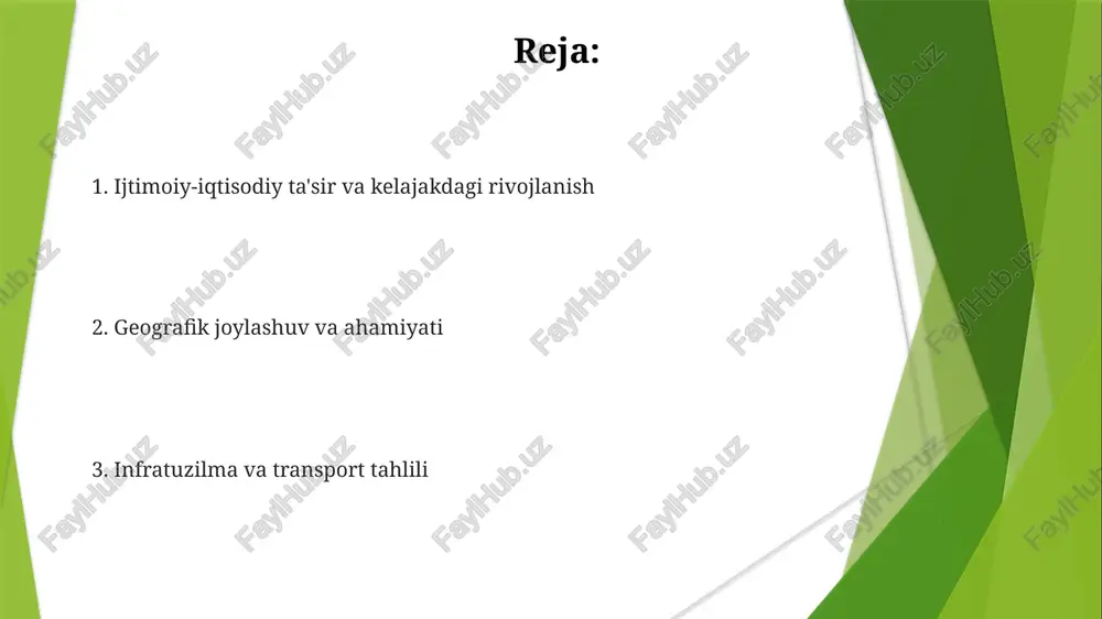chorrahaning xususiyatiga ta'siri. yaxshilanish va qayta qurish salohiyati hozirgi infratuzilmada to'g'ri drenaj tizimi yo'q, bu yiliga o'rtacha 2 soatdan 3 ta toshqin hodisasiga olib keladi. taxminan 100 000 - 150 000 dollarlik kuchli yomg'ir suvini boshqarish tizimi zarur qayta qurish 5-10 million dollar xususiy investitsiyani jalb qilishi mumkin. xavfsizlikni yaxshilash (yo'l belgilar, piyodalar o'tish joylari, tezlikni cheklovchilar) avariya darajasini kamaytirishda (hozirda oyiga o'rtacha 2 avariya) muhim ahamiyatga ega andijon viloyatining boburshox/oltinkol chorrahasida transport tiqilinchisi kuzatilmoqda (cho'qqida 25% kechikish, kuniga 15000+ mashina). qayta qurishda kengroq yo'llar (kamida 15 metr), yaxshilangan piyodalar yo'laklari (kamida 5 metr, nogironlar uchun moslashtirilgan) va yoritish (50 metrda 100 vattli led chiroqlar) bo'lishi mumkin jamoat transporti qulayligi andijon viloyati boburshox/oltinkol chorrahasida jamoat transporti yetarli emas; avtobus yo'nalishlari... o'n ikki 27 va piyodalar harakati va xavfsizligi tavsiyalar: tezkor qisqa muddatli yechimlar (vaqtinchalik o'tish joylari, politsiya nazoratini kuchaytirish) bilan birga uzoq muddatli rejalashtirish (birlashtirilgan piyodalar yo'laklari)ni amalga oshirish kerak …