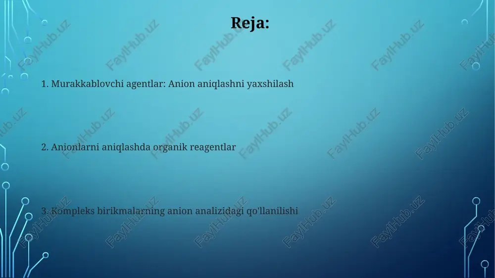hosil qilish bilan birgalikda, oziq-ovqat namunalarida (masalan, ispaniyaning valensiya shahridan olingan meva sharbatlari) uchuvchan organik anionlarni (masalan, qisqa zanjirli karboksil kislotalar) tahlil qilish imkonini beradi; mass-spektrometriya tuzilmani aniqlashni ta'minlaydi. ion xromatografiyasi (ix), bostirilgan o'tkazuvchanlik detektsiyasi bilan, turli muhitlarda (masalan, kaliforniyadagi ichimlik suvlari) anionlarni (masalan, ftorid, xlorid, bromid, nitrat, sulfat) tahlil qiladi; organik reagentlar (masalan, edta) kompleks hosil bo'lish reaksiyalari orqali selektivlik va sezuvchanlikni oshiradi. elektrokimyoviy usullar va organik vositachilar organik vositachilar (masalan, ferrotsen hosilalari) yordamida elektrokimyoviy usullar (potensimetriya, voltammetriya) shisha uglerod yoki platina elektrodlarida redoks reaksiyalar orqali turli muhitlarda (suv, tuproq, biologik namunalar) anionlarni (masalan, cl⁻, br⁻, i⁻, no₃⁻, po₄³⁻) aniqlash imkonini beradi. murakkab birikmalar (masalan, metall-organik ramkalar, toj efirlari) aniq anionlar bilan barqaror komplekslar hosil qilib, anion tahlilida tanlab olishni yaxshilaydi. tetrafenilborat (tpb) yoki alizarin qizil s kabi reagentlar anionlarni cho'ktirib, gravimetrik yoki spektrofotometrik aniqlash imkonini beradi anion tasnifi va muammolar anionlar tasnifi: oksianionlar (masalan, sulfat so₄²⁻, fosfat po₄³⁻), …