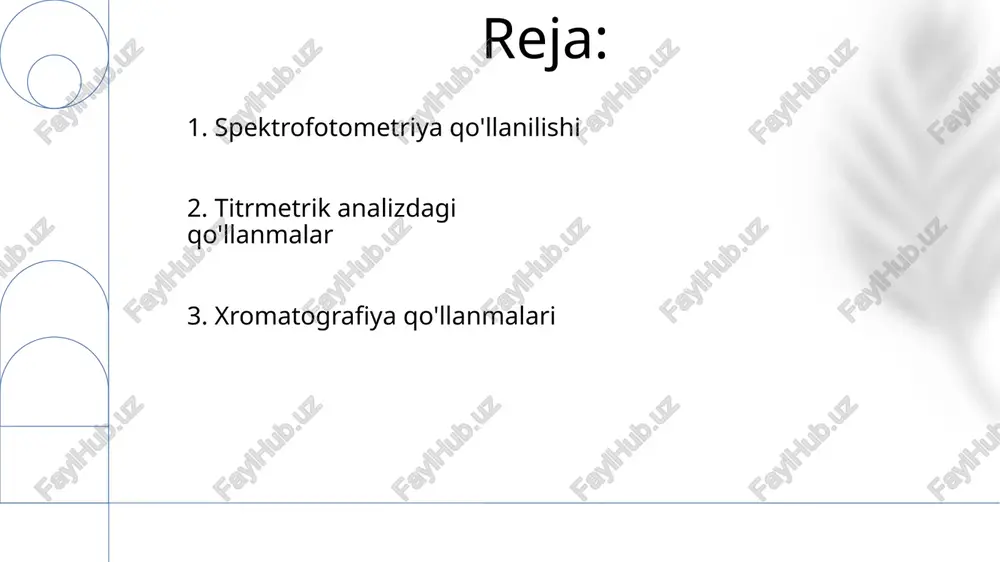 ortish orqali analit massasini aniqlaydi (masalan, suv namunalarida sulfat ionini baso₄, tuproq namunalarida xlor ionini agcl ko'rinishida). aniqlik cho'kmaning tozaligiga, to'liq cho'kishiga va 110°c da quritilgandan keyin doimiy og'irlikka bog'liq 4. gravimetrik tahlil atrof-muhit monitoringi (masalan, kaliforniyaning sakramento yaqinidagi qishloq xo'jaligi oqova suvlarida pestitsidlarni (ppb) o'lchash), oziq-ovqat xavfsizligi (yer yong'oqlardagi aflatoksinlarni flüorimetrik aniqlash orqali aniqlash) va klinik diagnostika (enzymatik usullar va spektrofotometrik aniqlash yordamida qondagi glyukoza darajasini (mg/dl) aniqlash) sohalarida qo'llaniladi. 5. spektrofotometriya gaz xromatografiyasi (gx) qaynoq nuqtalariga asoslanib uchuvchan organik birikmalarni statsionar faza (masalan, silika gel) va mobil faza (masalan, geliy) yordamida ajratadi yuqori samarali suyuqlik xromatografiyasi (yussx) uchuvchan bo'lmagan organik birikmalarni suyuq harakatlanuvchi faza (masalan, metanol/suv) va statsionar faza (masalan, c18-bog'langan silika) yordamida ajratadi 6. xromatografiya organik reagentlar funksiya guruhlari oʻzaro taʼsiri orqali selektivlikni taʼminlaydi. masalan, 2,4-dinitrofenilgidrazin karbonil birikmalar (aldegid va ketonlar) bilan reaksiyaga kirishib, etanol kabi turli erituvchilarda sariq/toʻq sariq choʻkma hosil qiladi ekologik monitoring, farmatsevtika tahlili …