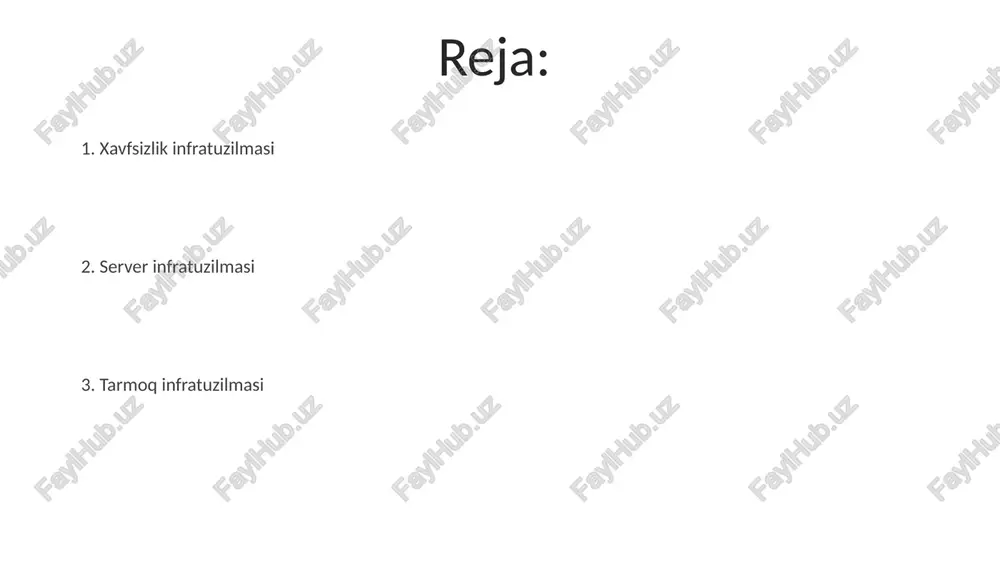 zilmasi ma'lumot markazlari it infratuzilmasi (serverlar, saqlash qurilmalari, tarmoq uskunalari – cisco, juniper, dell) turli arxitekturalarda (bulut, o'z joyida, gibrid) sdn va avtomatlashtirish vositalari (ansible, puppet) orqali boshqariladi, bu operatsion samaradorlik va kiberxavfsizlikka ta'sir qiladi ma'lumot markazlarini sovutish tizimlari (crac, crah qurilmalari) energiya iste'molining 40% ni tashkil qilib, suyuqlik bilan sovutish va sun'iy intellekt asosidagi optimallashtirishda innovatsiyalarni tezlashtirmoqda e'tiboringiz uchun rahmat @taqdimot_robot image4.jpg image5.jpg image6.jpg image7.jpg image8.jpg image9.jpg image10.jpg image1.jpeg image2.jpeg