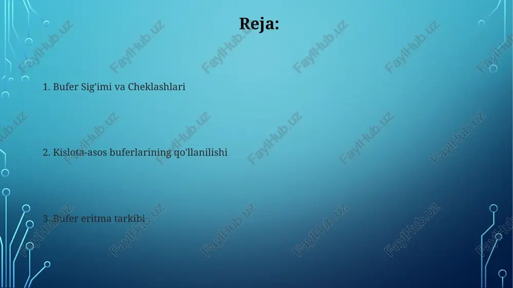 tayyorlashda) ph 4.5 bufer sirka kislota/atsetat (0.2 m) dan, toksiksiz suvlarni tozalashda (masalan, germaniyada kislota quyilishlarini zararsizlantirishda) esa ph 9.0 bufer ammiak/ammonium xlorid (0.5 m) dan foydalanishi mumkin sanoat jarayonlarida tampon eritmalar keng qo'llaniladi, bioishlab chiqarishda (singapurda farmatsevtika ishlab chiqarish), korroziyani oldini olishda (texasdagi quvurlar) va galvanik qoplamalarda (xitoydagi oltin qoplama zavodlari) ferment faolligi optimal darajada bo'lishi uchun ph ni aniq diapazonda (masalan, 7,0 ± 0,2) ushlab turadi bufer eritma nima? bufer eritmalar ozgarishga qarshilik qiladi. kuchsiz kislota va uning tuzi yoki kuchsiz ishqor va uning tuzi buni namoyon qiladi. henderson-hasselbalch tenglamasi bufer ph ni aniqlaydi; samarali diapazoni pka dan ±1 ph birlik. buferlar zaif kislota/birlashgan asos yoki zaif asos/birlashgan kislotaning aniq molyar nisbatlarini o'z ichiga oladi bufer eritmalar tayyorlash qo'llanilishi turli sohalarni qamrab oladi. biologik tizimlar (masalan, bikarbonat buferi yordamida saqlanadigan qonning ph ~7.4) ularni keng qo'llaydi. analitik kimyoda buferlar titrlash paytida doimiy ph ni saqlaydi bufer eritmalar tayyorlashda …