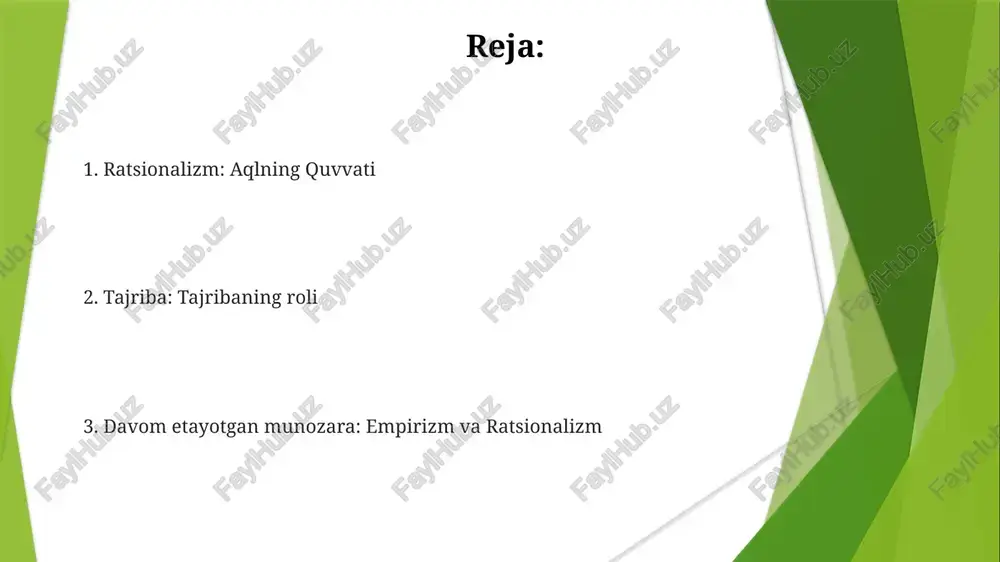 falsafiy taraqqiyotga ta'sir ko'rsatuvchi mantiqiy tamoyillar va a priori tushuncha orqali bilimni olishga asoslanadi. empirizm chegaralari empirizm va ratsionalizm bahsi bilim olishda tajriba va aqlning o'zaro ta'sirini ko'rsatadi. kantning (18-asr königsberg, prussiya) transendental idealizmi sintezga harakat qilib, tajribaning tug'ma tushunchalar to'plami orqali tuzilganligini ta'kidlaydi ratsionalizm (rene dekart va gotfrid vilgelm leybnits kabi mutafakkirlar tomonidan himoyalangan) bilimning asosiy manbai aql va tug'ma g'oyalar ekanligini ta'kidlaydi, bu empirizmning sezgi tajribasiga e'tibor qaratishiga qarama-qarshi ratsionalizmning asosiy mutafakkirlari königsberglik nemis faylasufi immanuel kant (1724-1804) "sof aqldan tanqid" (1781) asarida ratsionalizm va empirizmni sintezlab, transandantal idealizmni taklif qildi. uning kategoriyal imperativi deontologik axloqshunoslikdagi asosiy tushuncha bo'lib, 19 va 20-asrlar yevropa va jahon axloqiy falsafasiga ta'sir ko'rsatdi. fransuz faylasufi, matematik va olimi rene dekart (1596-1650) ratsionalizmga asos solgan, deduktiv mantiqni targʻib qilgan va "cogito, ergo sum" ("oʻylayman, demak borman") gʻoyasini "usul toʻgʻrisida inshosida" (1637) bayon qilib, xvii asr yevropa fikriga katta taʼsir koʻrsatgan ingliz shifokori va …