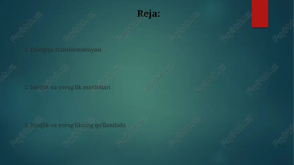 huncha yorug'lik energiyasi, elektromagnit spektrining bir qismi, radio to'lqinlardan gamma nurlarigacha cho'zilgan. ko'rinadigan yorug'lik (400-700 nm to'lqin uzunligi) o'simliklarda fotosintezni, muhim energiya aylanish jarayonini ta'minlaydi issiqlik uzatish mexanizmlari: issiqlik oʻtkazuvchanlik (masalan, metall tayoqcha orqali), konveksiya (masalan, yer atmosferasida ob-havo sharoitlarini yaratadi) va nurlanish (masalan, quyoshdan keladigan elektromagnit toʻlqinlar). oʻziga xos issiqlik sigʻimi (j/kg·k), material xususiyati, uning haroratini oshirish uchun zarur energiyani aniqlaydi yorug'lik: ko'rinadigan qismi fotosintez – oʻsimliklar yorugʻlik energiyasini (asosan 400-700 nm) kimyoviy energiyaga aylantiruvchi jarayon boʻlib, xlorofill pigmentlarining maʼlum koʻrinarli toʻlqin uzunliklarini yutishga asoslanadi yorug'lik energiyasi, elektromagnit nurlanish sifatida, issiqlikni bir necha mexanizmlar orqali o'tkazadi: issiqlik o'tkazuvchanlik, konveksiya va nurlanish issiqlik o'tkazuvchanlik mexanizmlari konveksiya: suyuqlik (su yoki havo kabi) harakati; issiqroq, zichligi kamroq suyuqlik ko'tariladi, sovuqroq, zichligi yuqori suyuqlik cho'kadi, oqimlarni hosil qiladi (masalan, qozonda qaynayotgan 100°c suv). tabiiy konveksiya (tortishish kuchi ta'sirida) va majburiy konveksiya (ventilyatorlar, nasoslar; masalan, avtomobil radiatorining sovutish tizimi) radiatsiya: elektromagnit to'lqinlar (infraqizil, ko'rinadigan …