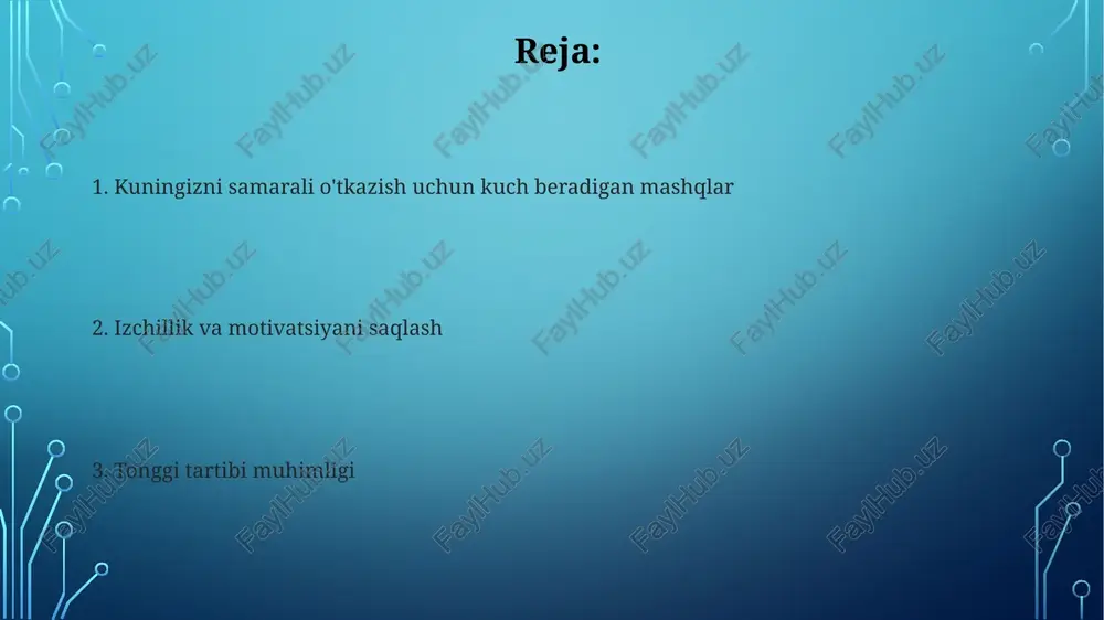 ki odatlar samaradorlikni oshiradi va stressni kamaytiradi. 15 daqiqalik hushyorlik mashg'uloti (meditatsiya ilovasi, sidneyda chuqur nafas olish mashqlari) diqqatni va hissiy tartibga solishni yaxshilaydi har kuni ertalabki mashqlar (kamida 30 daqiqa, haftada 5 kun) stress gormonlarini (kortizol) 15-20% ga kamaytirib, kayfiyatni yaxshilaydi va mayo klinikasi ma'lumotlariga ko'ra, xavotirni kamaytiradi taraqqiyotingizni kuzatish fitness maqsadlaringizga erishishni vazn o'lchagich (kg) va tana o'lchamlari (ko'krak, bel, kestirib atrofi sm) yordamida kuzatib boring. har hafta (yakshanba tonglari) 4 hafta davomida yozib oling. oddiy grafik yordamida tendentsiyalarni tahlil qiling 10 bosqichli ertalabki gigiena tartibini (2 daqiqa tish yuvish 2 marta, 1 daqiqa yuz yuvish, 2 daqiqa dush qabul qilish va hokazo) taymer yordamida amalga oshiring. 5 kun davomida bajarish vaqtini kuzatib, 30 soniyaga qisqarishga erishing doimiylikning afzalliklari mayo klinikasi tadqiqotlariga ko'ra, har kuni ertalab 30 daqiqalik muntazam mashq (masalan, nyu-yorkdagi markaziy parkda yugurish) metabolizmni oshiradi, taxminan 200-300 kaloriyani yoqadi, 3 oy ichida yurak-qon tomir salomatligini 15-20% …
