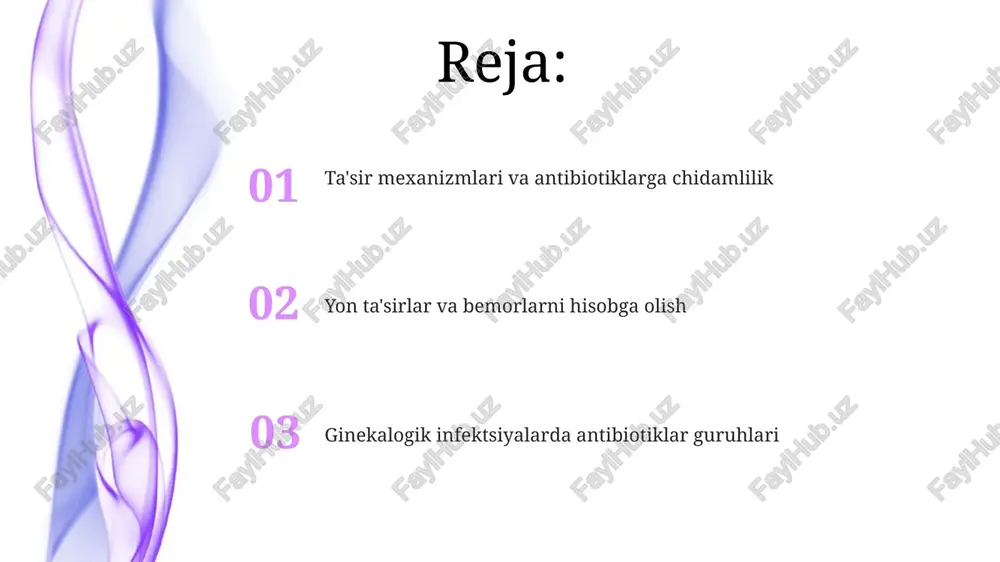 nish kasalligida ishlatiladigan penitsillin, sefazolin kabi tsefalosporinlar; rezistent infektsiyalar uchun vankomitsin). mexanizm penitsillin bog'lovchi oqsillarga (pbp) bog'lanish va peptidoglikan sintezini buzishdan iborat. ginekalogik kasalliklarning keng tarqalgan bakteriya sababchilari escherichia coli, gardnerella vaginalis, candida albicans tez-tez siydik yo'llari infektsiyasi (syi), bakterial vaginoz (bv) va vulvovaginal kandidoz (vvk) ga sabab bo'ladi. davolashda metronidazol (bv), flukonazol (vvk) va trimetoprim-sulfametoksazol yoki tsiprofloksatsin (syi) qo'llaniladi tug'ruqdan keyingi endometrit kabi infeksiyonlarni b guruhi streptokokki (gbs) va staphylococcus aureus keltirib chiqarishi mumkin. ampitsillin yoki penitsillin g ko'pincha tomir ichiga yuboriladi, bakteriya hujayra devori sintezini nishonga oladi. klindamitsin yoki vankomitsin (mrsa holatlari) alternativ variantlardir pelvik yallig'lanish kasalligi (pyk) ko'pincha neisseria gonorrhoeae va chlamydia trachomatis infektsiyalaridan kelib chiqadi, bachadon naylari va tuxumdonlarga ta'sir qiladi. tsefaloosporinlar (masalan, sefoksiitin) va azitromitsin tez-tez qo'llaniladi, mos ravishda bakteriya hujayra devori sintezini va oqsil sintezini inhibe qiladi nojo'y ta'sirlar va dori o'zaro ta'siri klinadamin (klesin) va doksisiklin (vibramitsin) ginekologik infektsiyalar uchun alternativ antibiotiklar hisoblanadi. …