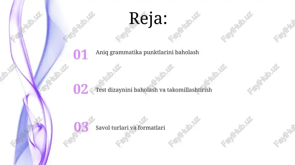 ?, nima?, qayerda? va hokazo, ha/yo'q so'roqlari). ko'p tanlovli savollarni tuzish gramma bilimini aniq baholash uchun, mcq formatida turli savol turlarini (masalan, buyuk britaniya yoki aqsh kabi turli ingliz tili so'zlashuvchi hududlarning gaplaridagi grammatik xatolarni aniqlash va to'g'ri grammatik shakllarni qo'shishni talab qiladigan bo'shliqlarni to'ldirish mashqlari) qo'shing savol va javoblarda aniq va qisqa so'zlar ishlatish noaniqliklardan qochish uchun muhim. turli grammatik tuzilmalar va til murakkabliklarini o'z ichiga olgan, haqiqiy hayotdan olingan namunalar (masalan, maqolalar, kitoblardan parchalar) asosida kamida 30 ta test savolini tuzing rasm asosidagi grammatika topshiriqlari 25 talaba javoblarini tahlil qilib, grammatik xatolar (masalan, rim va sidneydagi voqealarni tasvirlaydigan gaplardagi olmosh ishlatish) aniqlanadi va qo'shimcha mashg'ulotlarga ehtiyoj aniqlanadi. xato chastotasi va savol murakkabligi (1-5 ball) hisobga olinadi. kontekstual grammatika topshiriqlari yaratish 60 daqiqada turli manbalardan (yangiliklar, 2 badiiy asar, 1 ilmiy maqola) olingan 5 inglizcha paragrafi tahrirlash orqali malakani baholash uchun kontekstual grammatika topshiriqlari (cgt). 3 grammatik jihat (fe'l …