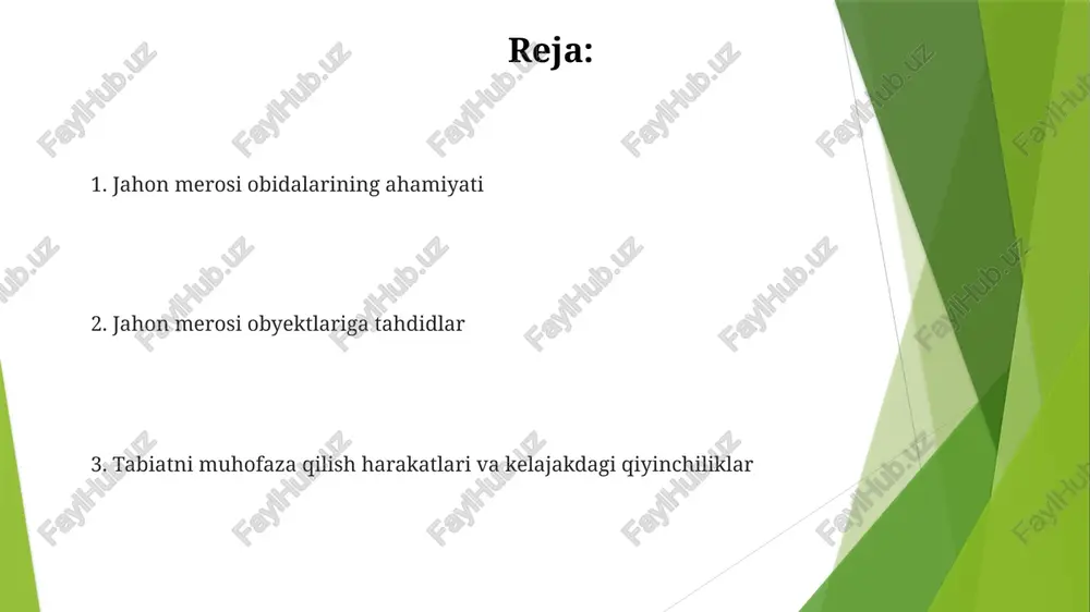 ida o'ziga xos universal ahamiyatga ega bo'lish (iv mezon) insoniy ijodning durdonasi (misol: toj mahal, buyuk xitoy devori, petra). muvaffaqiyatli saqlash misollari kito tarixiy markazi (ekvador, yunesko 1978) zilzila xavfi ostida edi. 1990-yillardan hozirgi kungacha bo'lgan restavratsiya dasturi 1700 dan ortiq mustamlaka davriga oid binolarni mustahkamlashga, an'anaviy texnologiyalar bilan zamonaviy zilzilaga chidamlilikni ta'minlash usullarini qo'llashga qaratilgan jahon merosiga tahdidlar iqlim o'zgarishi (venetiya, italiya kabi qirg'oq bo'yidagi joylarni tahdid qilayotgan dengiz sathining ko'tarilishi; butun dunyo bo'ylab madaniy va tabiiy merosga zarar yetkazayotgan ekstremal ob-havo hodisalarning tez-tez va kuchli bo'lishi; masalan, keniya tog'i milliy bog'iga ta'sir qiluvchi muzliklarning erishi) qurollangan mojaro va beqarorlik (suriyadagi palmira vayron bo'lishi; malidagi timbuktudan asarlar o'g'irlanishi; afg'onistondagi bomyondagi budda haykallarini boshqarishga ta'sir etgan jamoalarning ko'chirilishi; konservatsiya uchun moliyalashtirishning kamayishi tiklash harakatlariga to'sqinlik qilmoqda). urush va siyosiy notinchliklar uzoq muddatli zarar yetkazmoqda. e'tiboringiz uchun rahmat @taqdimot_robot image1.jpg image2.jpg image3.jpg image4.jpg image5.jpg image6.jpg image7.jpg