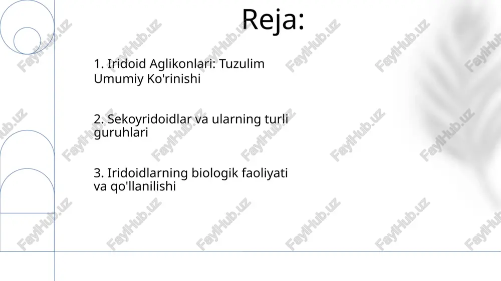 geografik tarqalish biosintez qobiliyatlarini aks ettiradi. o'rtayer dengizi mintaqalari (masalan, salvia, verbena turlari) iridoidlarning yuqori xilma-xilligini namoyon qiladi, bu atrof-muhit bosimlari va moslashuvlarni aks ettiradi. tropik mintaqalarda (masalan, janubi-sharqiy osiyodagi gardenia turlari) noyob iridoid profillari kuzatiladi iridoid biosintezi terpen prekursorlari, aniqrog'i geranil difosfat (gpp), siklizatsiya orqali siklopentanoid halqalar hosil bo'lishi, katalizator fermenti iridoid sintazasi kabi catharanthus roseus (madagaskar barvin) va gentiana turlari (gentianaceae oilasi) o'simliklarida muhim rol o'ynaydi 4. iridoid biosintezi zamonaviy tasniflash kimyo-taksonomik yondashuvlarni, ketma-ketliklarga asoslangan filogenetik tahlillarni (masalan, its, nrdna) va turli iridoid glikozidlarining kimyoviy ma'lumotlarini (masalan, plantago'da avkubin, galium'da asperulozid) birgalikda qo'llaydi iridoid biosintez yo'llari turli o'simlik oilalarida farq qiladi. asosiy fermentlar iridoid sintazalar (masalan, 8-gidroksigeraniol oksidoreduktaza), glikoziltransferazalar va sitoxrom p450 monooksigenazalarni o'z ichiga oladi monoterpenoid iridoidlar (c₁₀) geranil pirofosfatdan hosil bo'ladi, siklizatsiya natijasida turli xil strukturalar, masalan, sekoiroidlar (masalan, olea europaea zaytunidagi oleuropein), iroidlar (masalan, strychnos turkumidagi loganin) va siklopentanoid iroidlar (masalan, rehmannia glutinosa'dagi katalpol) hosil …