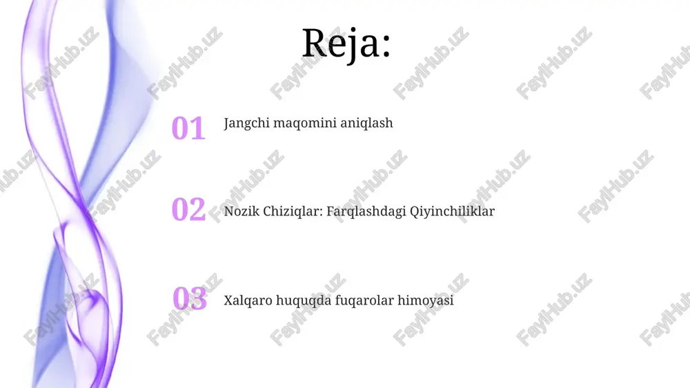 malayan favqulodda holati) va terrorizm (masalan, al-qoida tomonidan 9/11 da nyu-york va vashington shahriga qilingan hujumlar) "kombattant" tushunchasi qonunda aniq belgilangan (masalan, jeneva konvensiyalari, 3-umumiy modda), mas'ul qo'mondonlik ostida harbiy harakatlarda ishtirok etishni nazarda tutadi iw kontekstida "tinch aholi"ni aniqlash ham muammoli. tinch aholi harbiy harakatlarda faol ishtirok etishi (masalan, razvedka berish, hujumlarni amalga oshirish) mumkin, bu esa jangchilar bilan chegarani loyqalantiradi geneva konventsiyalari fuqarolik maqomini yo'qotish harbiy harakat ishtirokchisining maqomi (i protokolning 43 va 51-moddalari), qurollangan mojaroda qonuniy nishonlarni belgilaydi. xalqaro gumanitar huquqi (xgh) bilan himoyalanganlar urush qonunlariga rioya qiluvchilardir tinch aholi maqomi, xalqaro gumanitar huquqi (xgh) bilan himoyalangan. 51(3)-modda tinch aholini harbiy harakatlarda qatnashmaydigan shaxslar deb ta'riflaydi. tinch aholiga tegishli maqomni yo'qotish to'g'ridan-to'g'ri ishtirok etishni talab qiladi, bu ularni jangchilar bilan farqlaydi xalqaro gumanitar huquq (xgh), jeneva konvensiyalari (1949), 3-umumiy moddasi bo'yicha tinch aholining maqomini yo'qotish to'g'ridan-to'g'ri harbiy harakatlarda qatnashish (tth) orqali sodir bo'ladi va qo'shimcha protokol i …
