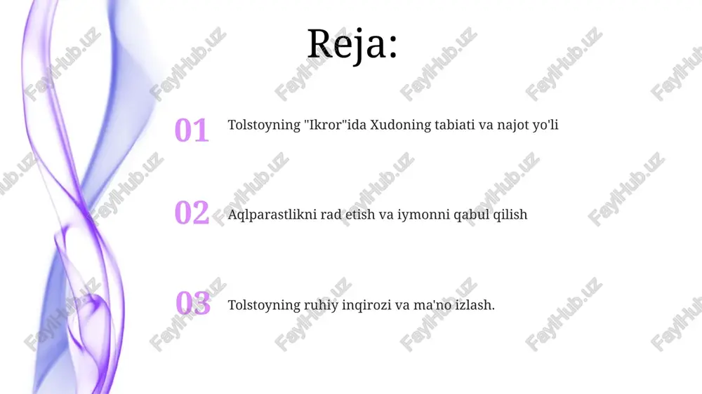 miyatining normalari va intellektualizmini tanqid qilishi, xudoga bo'lgan imoniga ta'sir qilishi tasvirlangan; natijada sevgi va xristian dehqon hayotiga asoslangan sodda imon uchun intellektual mantiqni rad etishga olib kelgan tolstoyning xudoga bo'lgan qarashlari shubha va umidsizlikdan imon va qabul qilishga o'zgarib bordi. dehqonchilik haqiqatining ta'siri uning ijtimoiy adolat haqidagi masihiy ta'limotlarini qayta ko'rib chiqishiga sabab bo'lib, boylikdan voz kechib, kambag'allarga xizmat qilishni talab qiluvchi sodda imonli xudoga ishonishini shakllantirdi. institutsional din tanqidı tolstoy, tog‘dagi va’z (matto 5-7)da namoyon bo‘lgan sodda, chinakam iymonga qaytishni targ‘ib qilib, cherkovning boylik va hokimiyat (yer egaligi, siyosiy ta’sir) to‘plashini iso ta’limotlariga xiyonat deb qoralab, rossiyaning ijtimoiy-siyosiy muhitida o‘rnatilgan diniy tizimning hokimiyatining asoslarini shubha ostiga qo‘ydi. tolstoyning "iztirof" (1879) asari 19-asr rus pravoslav cherkovining ikkiyuzlamachiligini, ruhiy bankrotligini, marosimlarga haqiqiy iymon ustun qo'yilishini va ruhoniylarning bayonotlari bilan moskva, sankt-peterburg kabi keng hududlardagi oddiy rus dehqonlarining hayotiy tajribalari orasidagi uzilishni tanqid qiladi. tolstoyning ma'naviy inqirozi 19-asr rus jamiyat me'yorlarini, …