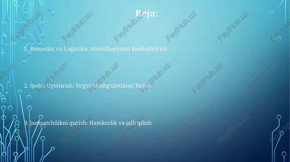 aster-klass belgilangan joylarda (masalan, bog', muzey, badiiy ustaxona) o'tkaziladi mahalliy maktablardan (masalan, oakwood boshlang'ich, maple street o'rta maktabi) 8-14 yoshli turli xil qobiliyatli (chizish, rasm chizish, haykaltaroshlik, raqamli san'at) 10-15 nafar o'quvchini dushanba kunlari soat 15:30 dan 17:00 gacha jamiyat markazida o'tkaziladigan darsdan keyingi san'at to'garag'iga qabul qilamiz materiallarni ta'minlash va boshqarish ko'rgazmali san'at byudjeti va logistika: transport: maktab avtobusi (maktab okrugi tomonidan ta'minlanadi); sug'urta: 100$ javobgarlik sug'urtasi; san'at anjomlari: umumiy byudjet 750$; xarid qilish: onlayn buyurtma (amazon), shaxsan xarid qilish (mahalliy do'konlar). loyiha muddati: 8 hafta, har hafta 1 loyiha. ko'rgazmali san'at mashg'ulotlari: zilker park jamoa markazi (austin, tx), seshanba kunlari, soat 16:00-17:00; 20 nafar o'quvchi (8-12 yosh); loy haykaltaroshlik (20 funt loy), akvarelda rasm chizish (24 to'plam), ko'mir bilan chizish (12 to'plam). o'qituvchi: sertifikatlangan san'at o'qituvchisi, emily karter xonim. materiallar: amazon, austin, txdagi badiiy buyumlar do'konlari (masalan, michaels, hobby lobby)dan 3d printer filamentlari (pla, abs); mahalliy qayta ishlash …