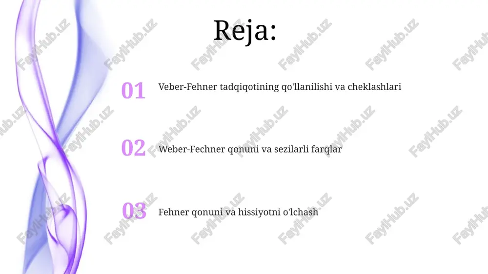 h va teginish) o'zgarishlar tufayli cheklovlari uchun tanqidga uchradi veber va fehner merosi veber va fehnerning tadqiqotlari idrok, o'lchov va tan-aql muammosini psixologik tushunishni tubdan o'zgartirdi; eksperimental psixologiya, sensor neyrofiziologiya va hatto global miqyosda bozor tadqiqoti va mahsulot dizayni kabi akademiyadan tashqari sohalarga ta'sir ko'rsatdi. fehnerning chegaralar, doimiy stimullar va sozlash usullari leipzig universitetida eksperimental psixologiyaning rivojlanishiga ta'sir ko'rsatgan sezgi chegaralarini (masalan, ko'rish o'tkirligi, eshitish sezuvchanligi) miqdoriy o'lchashni ta'minladi; vberning teginish sezuvchanligi bo'yicha ishi fehnerning miqdoriy yondashuvi uchun asos yaratdi. weber-fexner qonunining konstantasi (k)ni aniqlash uchun turli xil og'irliklarni (masalan, 100g va 105g) ko'tarish bo'yicha weberning tajribalari, farq sezish chegarasi (fsch) stimullarning kattaligiga mutanosib ekanligini ko'rsatdi qo'llanilishi: psixofizika; sezgi chegaralari (mutlaq, farqli); eshitish testlari (audiometriya), ko'rish tekshiruvi (ko'rish o'tkirligi), mahsulot dizayni (sezilgan farqlar), marketing (qadoqlash, brendlash)da qo'llanilishi. weber qonuni (1834): seziluvchi eng kichik farq (jnd) qo'zg'alish kuchiga mutanosib; masalan, 100g og'irlikni ko'tarishda, jnd 2g bo'lishi mumkin; og'irroq og'irliklar uchun jnd …