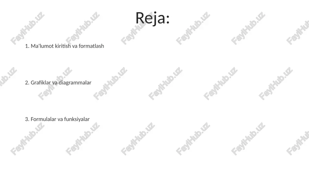 ountif(a1:a10,">100") a1 dan a10 gacha bo'lgan oralig'dagi 100 dan katta kataklarni sanaydi ma'lumotlarni tekshirish va tozalash excelda trim (ortiqcha bo'shliqlarni o'chirish), upper/lower (harflarni katta/kichik qilish), left/right/mid (qatorlardan parchani ajratib olish), find/search (muayyan matnni topish) kabi funksiyalar yordamida ma'lumotlarni tozalash juda muhim pivot jadvallar va pivot diagrammalar pivot jadvallar: excel'ning katta ma'lumotlar to'plamlaridan (masalan, shimoliy amerika, yevropa va osiyo kabi bir nechta hududlardan olingan savdo raqamlari) dinamik hisobotlar yaratish vositasi pivot jadvallar ma'lumotlarining vizual tasviri. o'zaro ta'sirli diagrammalar (ustunli, doiraviy, chiziqli) yaratish (masalan, nyu-york, los-anjeles va chikagodagi turli savdo ofislaridan a, b va c mahsulot toifalari bo'yicha 2023 yilgi oylik sotuv tendentsiyalari), sotuv cho'qqilari va pasayishlarini tez aniqlash imkonini beradi e'tiboringiz uchun rahmat @taqdimot_robot image4.jpg image5.jpg image6.jpg image7.jpg image8.jpg image9.jpg image10.jpg image11.jpg image1.jpeg image2.jpeg