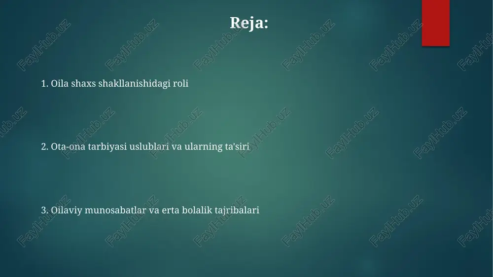 chidamlilik bilan bog'liq ota-ona tarbiya uslublari va ularning ta'siri g'arb jamiyatlarida avtoritar tarbiya (yuqori mehr, yuqori nazorat) 5-12 yoshli turli ijtimoiy-iqtisodiy sharoitdagi bolalarda yuqori o'z-o'zini hurmat qilish (masalan, baumrindning 2010 yildagi meta-tahlili) va o'qish yutuqlariga bog'liq (masalan, aqsh va kanadadagi tadqiqotlar) ruxsat beruvchi tarbiya (yuqori iliqlik, past nazorat) o'smirlarda o'qish natijalarining pasayishiga (2018 yildagi avstraliya maktablaridagi tadqiqotga ko'ra o'rtacha gpa 0 ijtimoiy-iqtisodiy ahvol va oilaviy munosabatlar temperament va muhit o'zaro ta'siri oila muhiti (masalan, ota-ona mehr-muhabbati, tarbiya uslubi, londondagi 3 farzandli oiladagi aka-uka munosabatlari) shaxsni shakllantirishda muhim rol o'ynaydi biologik asoslangan xulq-atvor uslubi (masalan, reaksiyaviylik, oʻzini tarbiyalash) atrof-muhit omillari (masalan, ota-ona tarbiyasi, ijtimoiy-iqtisodiy holat) bilan oʻzaro ta’sir qilib, bolalik (0-12 yosh) va oʻsmirlik (13-18 yosh) davrida shaxsiyat rivojiga ta’sir qiladi bolbiy va ainsvort nazariyasi, erta ota-ona-bola munosabatlari (masalan, javobgarlik, sezgirlik) kelajakdagi munosabatlar va shaxsga ta'sir qiluvchi ichki ish modellarini o'rnatadi oila qadriyatlari va axloqiy tarbiya oila tuzilmasi (yadroli, kengaytirilgan, yolg'iz …