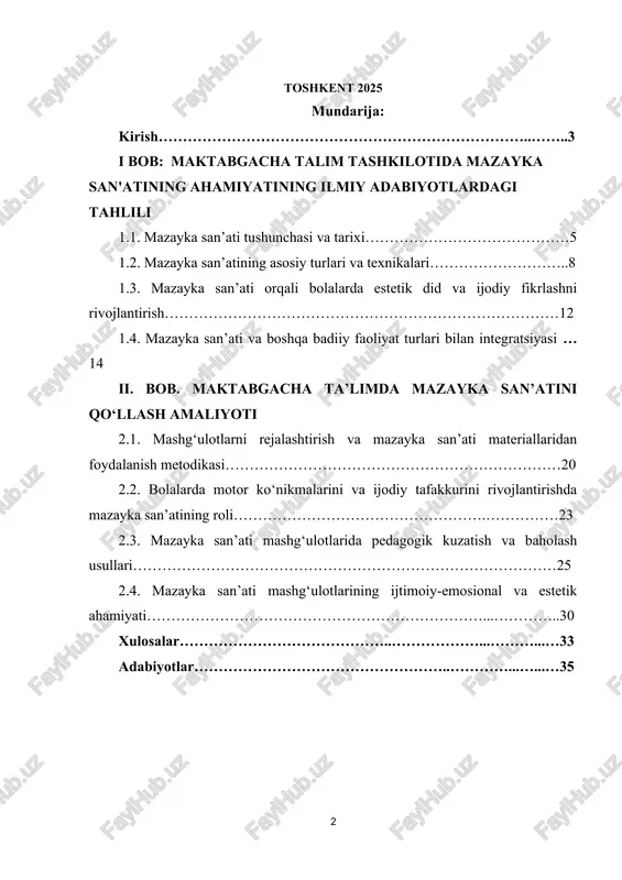 ati maktabgacha ta’limda katta pedagogik ahamiyatga ega san’at turi hisoblanadi. mazayka san’ati orqali bolalar rang, shakl va kompozitsiya bilan ishlashni o‘rganadi, ijodiy tafakkuri rivojlanadi va estetik didi shakllanadi. shu bilan birga, mazayka mashg‘ulotlarida faol ishtirok bolalarning o‘ziga bo‘lgan ishonchini oshiradi, motor ko‘nikmalarini mustahkamlaydi va jamoaviy ishlash qobiliyatini rivojlantiradi. shu sababli, maktabgacha ta’limda mazayka san’ati mashg‘ulotlarida bolalarning ishtirokini o‘rganish va uning pedagogik ahamiyatini aniqlash dolzarb va muhim mavzu hisoblanadi. maktabgacha yoshdagi bolalarda ijodiy fikrlash, estetik did va motor ko‘nikmalarini rivojlantirish muhim vazifalardan biri hisoblanadi. mazayka san’ati aynan shu jihatdan ahamiyatlidir. san’at orqali bolalarda estetik did, ijodiy tasavvur va badiiy tafakkur shakllantirish imkoniyati mavjud. mavzuning dolzarbligi-maktabgacha yoshdagi bolalarning tarbiyasi va rivojlanishida ijodiy faoliyatning o‘rni beqiyosdir. bolalar nafaqat tomoshabin, balki faol ishtirokchi sifatida o‘zini ifodalash, hissiy tajriba orttirish va ijtimoiy ko‘nikmalarini rivojlantirish imkoniyatiga ega bo‘lishi lozim. shu nuqtai nazardan, mazayka san’ati maktabgacha ta’limda katta pedagogik ahamiyatga ega san’at turi hisoblanadi. mazayka san’ati mashg‘ulotlari …