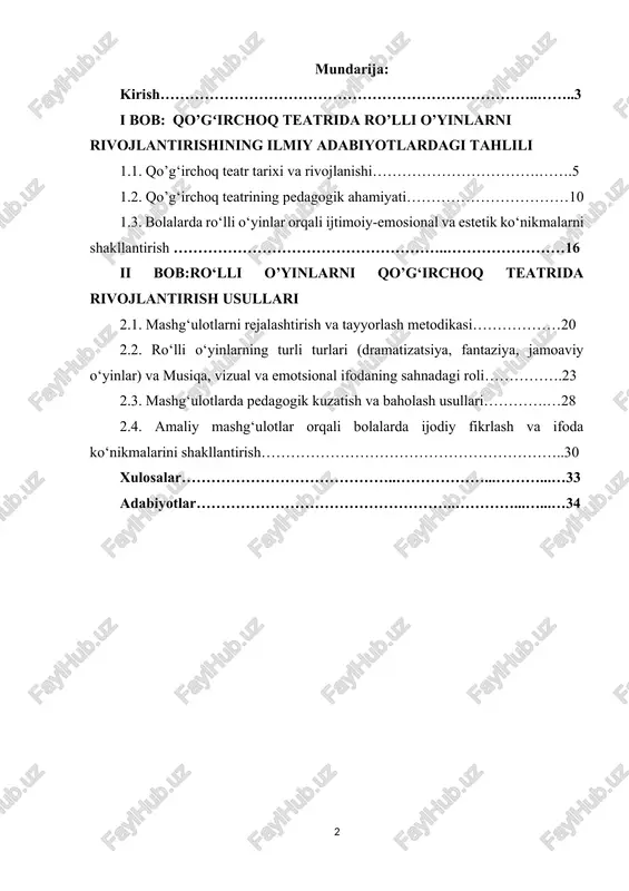 sion metodlarning ahamiyati ortib bormoqda. qo‘g‘irchoq teatrida ro‘lli o‘yinlar bolalarning diqqatini jamlash, fantaziyalari va tasavvurlarini boyitish, sahna faoliyatiga bo‘lgan qiziqishini uyg‘otish imkonini beradi. shu bois, maktabgacha ta’lim muassasalarida qo‘g‘irchoq teatridan foydalanish metodikasi pedagogik amaliyotning dolzarb masalalaridan biri hisoblanadi.kurs ishida qo‘g‘irchoq teatrida ro‘lli o‘yinlar orqali bolalarda ijodiy ifoda, nutq va harakat ko‘nikmalari, shuningdek, ijtimoiy va emotsional rivojlanishni shakllantirishning samarali usullari o‘rganiladi. tadqiqot natijalari amaliy mashg‘ulotlarda qo‘llanilishi mumkin bo‘lgan tavsiyalar ishlab chiqishga xizmat qiladi.qo‘g‘irchoq teatrida ro‘lli o‘yinlar bolalarning hissiy dunyosini boyitish, ularni guruhda ishlashga o‘rgatish, jamoaviylik va hamkorlik ko‘nikmalarini shakllantirishda samarali vosita sifatida xizmat qiladi. zamonaviy pedagogik yondashuvlar va interaktiv metodlar yordamida pedagog bolalarning faol ishtirokini ta’minlaydi, ularning estetik didini rivojlantiradi va ijtimoiylashuv jarayonini qo‘llab-quvvatlaydi.shu bois, maktabgacha yoshdagi bolalar bilan qo‘g‘irchoq teatrida ro‘lli o‘yinlarni tashkil etish metodikasi pedagogik amaliyotda dolzarb masala hisoblanadi. tadqiqot davomida teatr va o‘yin elementlarini uyg‘unlashtirish orqali bolalarda ijodiy faollikni shakllantirish, nutq va harakat ko‘nikmalarini rivojlantirish usullari o‘rganiladi. natijada, …