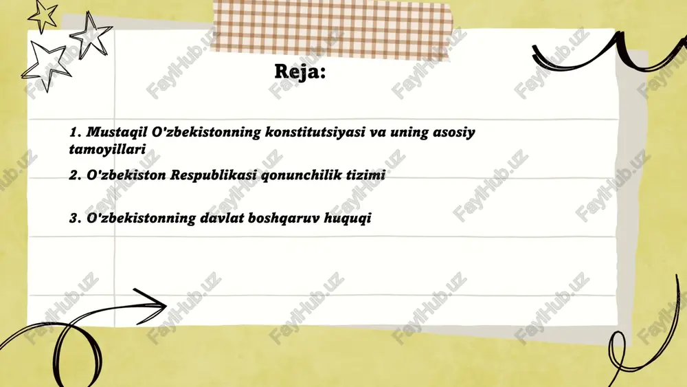 o‘z ichiga oladi. ushbu hujjatlar qonunlarning hayotga tatbiqini ta'minlaydi. ... t.me/slaydai_bot o'zbekistonning davlat boshqaruv huquqi o'zbekiston respublikasining konstitutsiyasi va qonunlari bilan belgilangan. davlat boshqaruvi prezident, parlament (oliy majlis) va hukumat orqali amalga oshiriladi. o'zbekiston respublikasi prezidenti davlat boshlig'i bo'lib, 7 yil muddatga saylanadi. oliy majlis ikki palatadan iborat: qonunchilik palatasi va senat. qonunchilik palatasida 150 nafar deputat mavjud bo'lib, ular 5 yil muddatga saylanadi. senat 100 a'zodan iborat va ular hududiy vakillardan hamda prezident tomonidan tayinlanganlardan tuziladi. hukumat bosh vazir boshchiligida faoliyat yuritadi. respublikada fuqarolarning huquqlari va erkinliklarini himoya qilish uchun sud hokimiyati mustaqil hisoblanadi. o'zbekistonning davlat boshqaruvi qonuniylik, demokratiya va inson huquqlariga asoslanadi. ... t.me/slaydai_bot 4. fuqarolik huquqi va uning rivojlanishi o'zbekistonda fuqarolik huquqi oʻzbekistonda muhim rivojlanish bosqichlarini bosib oʻtgan. mustaqillikdan soʻng, 1996-yilda qabul qilingan fuqarolik kodeksi bu sohada asosiy huquqiy manba boʻldi. oʻzbekiston fuqarolik huquqi shaxslarning shaxsiy huquqlari, mulkiy huquqlari va majburiyatlar huquqi kabi sohalarni qamrab oladi. 2019-yilda …