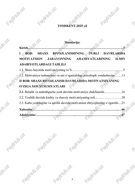 adi. masalan, bolalik davrida o‘yin faoliyati asosiy motivatsion manba bo‘lsa, o‘smirlik davrida o‘zini anglash va mustaqillikka intilish kuchli motivatsion omillar sifatida qaraladi. ushbu kurs ishida shaxs rivojlanishining turli bosqichlarida motivatsion jarayonlarning ahamiyati, ularning psixologik mexanizmlari, shakllanish omillari va motivatsiyani rivojlantirishda pedagogik-psixologik yondashuvlar tahlil qilinadi. mavzuning dolzarbligi shundaki, zamonaviy ta’lim va tarbiya tizimi samaradorligini oshirishda shaxsning yoshga xos motivatsion ehtiyojlarini chuqur o‘rganish va hisobga olish muhim o‘rin tutadi. kurs ishining asosiy maqsadi — shaxs rivojlanishining turli bosqichlarida motivatsion jarayonlarning o‘ziga xosligini tahlil qilish, ular o‘rtasidagi farqlar va umumiyliklarni aniqlash hamda amaliy tavsiyalar ishlab chiqishdan iborat. mavzuning dolzarbligi: zamonaviy ta’lim va tarbiya tizimi shaxsni har tomonlama rivojlantirishga qaratilgan. bu jarayonda motivatsiya — shaxsning faolligi, mustaqilligi va ijtimoiylashuvi uchun asosiy psixologik omil sifatida namoyon bo‘ladi. turli yosh bosqichlarida motivatsiyaning har xil shakllarda namoyon bo‘lishi ta’lim-tarbiya jarayonida individual yondashuvning zarurligini ko‘rsatadi. shuning uchun shaxs rivojlanishining har bir bosqichida motivatsion jarayonlarning xususiyatlarini chuqur o‘rganish pedagogik …
