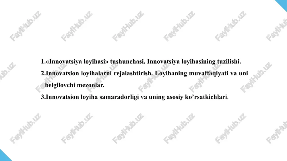 i joriy etishga qaratilgan, aniq ma’lumotlar hisob-kitoblari, tahlillari asosida istiqbolga qilingan bashoratlarni o’z ichiga oluvchi kompleks hujjatlar yig’indisi hisoblanadi. innovatsiya loyihasi» tushunchasi. innovatsiya loyihasining tuzilishi. innovatsiya loyihasi tushunchasi. innovatsiya loyihasining tuzilishi. innovatsiya loyihaning asosiy maqsadlaridan biri – korxona yuqori sifatga ega bo’lgan kerakli miqdorda mahsulot ishlab chiqarish layoqatiga ega ekanligini raqobatchilarga isbotlashdan iborat. innovatsiya loyihasi‖ tushunchasi bir qancha nuqtai nazardan qaralishi mumkin: ushbu uch jihatlar innovatsiya loyihasining innovatsiya faoliyatini tashkil qilish va maqsadli boshqarish shakllari sifatidagi o’z ahamiyatini ko’rsatadi. 1 2 3 ushbu tadbirlarni asoslovchi va bayon qiluvchi hujjatlar paketi sifatida. innovatsiya maqsadlariga erishishga xizmat qiladigan tadbirlar yig’indisi sifatida; innovatsiya faoliyatini amalga oshirish jarayoni sifatida; innovatsiya loyihasi tushunchasi. innovatsiya loyihasining tuzilishi. innovatsiya loyihalarini amalga oshirish uchun ularni moliyaviy asoslash va investitsiyalash muhim ahamiyatga ega. bunda loyihaviy moliyalashtirish jarayonlari nuqtai nazaridan o’ziga xos xususiyatlarga ega innovatsion loyihalarni farqlash kerak: a) investitsich loyihalari, masalan, yangi sanoat ob’ektlari qurilishiga (energetika, transport, aloqa va …