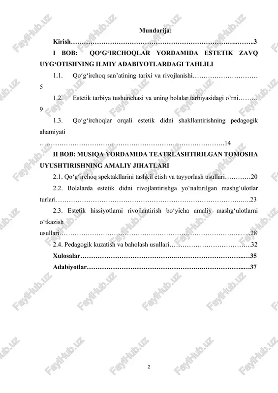 lar bolalarning hissiy tajribasini boyitadi, tasavvurini kengaytiradi va san’atga bo‘lgan qiziqishini oshiradi. estetik tarbiya – bu bolalarda go‘zallikni idrok etish, rang-barang tasvirlarni anglash, musiqa va dramatik harakatlar orqali hissiy tajriba olish imkonini beruvchi pedagogik jarayon. qo‘g‘irchoqlar san’ati esa bu jarayonda nafaqat o‘yin vositasi, balki bolalarning hissiy va estetik dunyosini rivojlantirishning samarali metodik vositasidir. mazkur kurs ishida qo‘g‘irchoqlar yordamida bolalarda estetik zavq uyg‘otish metodikasi tahlil qilinadi, ularning nazariy asoslari yoritiladi va real amaliyotda qo‘llanilishi misollar orqali ochib beriladi. shu orqali talabalarda pedagogik kuzatuv olib borish, mashg‘ulotlarni tashkil etish va bolalarning estetik didini baholash ko‘nikmalari shakllantiriladi. kurs ishining dolzarbligi shundan iboratki, bugungi kunda bolalarda ijodiy fikrlash va estetik hissiyotlarni rivojlantirish, ularni san’atga jalb qilish pedagogik jarayonning muhim tarkibiy qismiga aylangan. qo‘g‘irchoqlar san’ati esa bu jarayonda bolalarning hissiy tajribasini boyitish va estetik didini shakllantirishda samarali vosita sifatida e’tiborga molikdir. tadqiqotning maqsadi – qo‘g‘irchoqlar yordamida bolalarda estetik hissiyot va didni shakllantirishning samarali usullarini aniqlash …