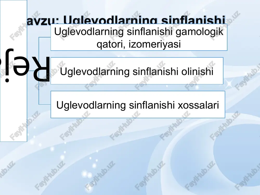 ada esa 32 ta optik izomerlar shaklida bo`ladi. kimyoviy jihatdan monosaxaridlar ham al'degid (yoki keton), ham ko`p atomli spirt xossalarini namoyon qiladi. m-n monosa-xaridlardagi al'degid guruhini qaytarib ko`p atomli spirt olish mumkin: aim.uz oksidlanganda glyukon kislotasi hosil bo`ladi: glyukoza fenilgidrazin bilan al'degid guruh hisobiga fenilgidrazon va ozazon hosil qiladi. glyukozani metil yodid bilan metillab pentametilglyukoza (5 ta gidroksil guruh hisobiga pentametil oddiy efiri), sirka angidrid bilan atsetillab pentaatsetilglyukoza olish mumkin: aim.uz glyukoza yoki boshqa geksozalar zimaza fer-menti ta'siri ostida bijqib etil spirtini hosil qila-di: geksozalar spirtli bijqishdan tashqari atseton, butanol, limon kislotasi, sut kislotasi, moy kislotasi hosil qilib ham bijqishi mumkin. bunda har bir jarayon uchun alohida ferment ishlatiladi. aim.uz pentozalardan lavlagi qandi arabinoza, somon va shulhada bo`ladigan ksiloza va biologik ahamiyati katta bo`lgan hujayra yadrosida bo`ladigan ribozalarning tuzilishini keltiramiz: geksozalardan d-glyukoza, d-fruktoza, d-mannozalar formulalarini keltiramiz: aim.uz glyukoza va fruktoza uzum va boshqa shirin mevalar tarkibida, mannoza esa arpada va …