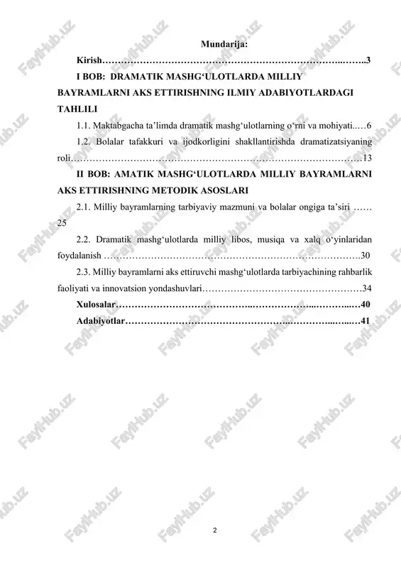 milliy bayramlarni aks ettiruvchi sahnalashtirish ishlari bolalarda milliy qadriyatlarga hurmatni, tarixiy o‘tgan avlodlarga ehtiromni oshiradi. o‘zbekiston respublikasi prezidentining “maktabgacha ta’lim tizimini takomillashtirish to‘g‘risida”gi qarorlari hamda “ilk qadam” davlat dasturida bolalarni milliy va umuminsoniy qadriyatlar asosida tarbiyalash, ularning ijodiy salohiyatini rivojlantirish dolzarb vazifa sifatida belgilangan. shu nuqtai nazardan qaraganda, dramatik mashg‘ulotlar jarayonida milliy bayramlarni sahnalashtirish, ularning mazmunini bolalar ongiga singdirish nafaqat ta’limiy, balki tarbiyaviy ahamiyatga ham ega. milliy bayramlar — xalqning tarixiy xotirasi, qadriyatlari va ma’naviy hayotining ajralmas qismi bo‘lib, ularni sahna orqali ifodalash maktabgacha ta’lim tizimida bolalar qalbiga milliy g‘urur, vatanparvarlik, hamjihatlik va do‘stlik tuyg‘ularini singdirishga xizmat qiladi. dramatik mashg‘ulotlar orqali bolalar o‘z xalqining an’analarini his etadi, ularni ifoda etish orqali esa ijtimoiy faol, tashabbuskor, ijodiy shaxs sifatida shakllanadi. shu bois, “dramatik mashg‘ulotlarda milliy bayramlarni aks ettirish” mavzusi o‘zining nazariy va amaliy jihatdan dolzarbligi, ta’lim-tarbiya jarayonida samarali qo‘llanilishi bilan maktabgacha ta’lim tizimida muhim o‘rin tutadi. mazkur kurs ishi dramatik mashg‘ulotlarning …