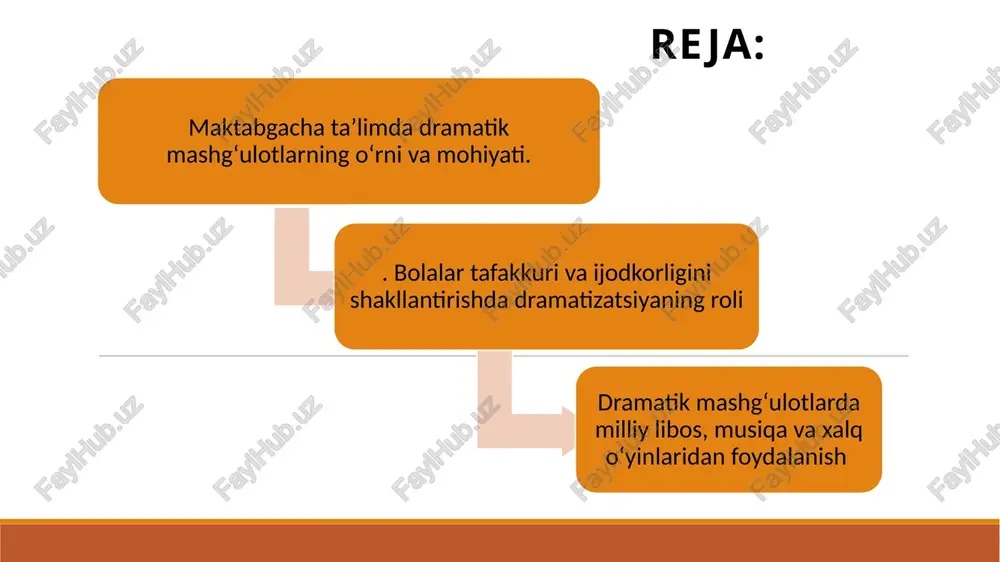 , dekoratsiya tayyorlash. mashg‘ulot bosqichi — rollarni o‘rganish, harakat va nutqni mashq qilish. sahnalashtirish bosqichi — bayram kuni bolalarning chiqishlarini namoyish etish. tahlil bosqichi — bolalarning ishtiroki, hissiy holati, nutq ifodasi baholanadi. psixologik jihatdan ahamiyati bolalarda ijodiy fikrlash, emosional sezgirlik, hissiy ifoda rivojlanadi. bayram dramalari orqali bolalar qo‘rquv, tortinchoqlik, nutqdagi sustlikni yengib o‘tadilar. guruhda o‘zini erkin tutish, boshqalarni tinglash, birgalikda ijod qilish ko‘nikmasi mustahkamlanadi. pedagogik jihatlar tarbiyachining vazifasi – har bir bolaga individual yondashish, ijobiy muhit yaratish. mashg‘ulotda nutq rivojlantirish, musiqa savodi, harakat muvofiqligi birgalikda qo‘llaniladi. dramatik bayramlar integratsiyalashgan mashg‘ulot turi bo‘lib, ko‘p fanli yondashuvni talab etadi. misollar navro‘z bayrami – bahor, tabiat, ezgulik, do‘stlik ramzi. bolalar “bahor keldi” sahnasida gullar, quyosh, qush obrazlarini aks ettiradilar. yangi yil bayrami – archa, qorbobo, qorqiz, bolalar qo‘shig‘i. mustaqillik kuni – vatan, bayroq, ona yurt obrazlari orqali milliy g‘urur shakllantiriladi. qiziqarli ma’lumot bolalar dramatik mashg‘ulotlarda ishtirok etganda 100 dan ortiq turli emotsiyalarni tabiiy …