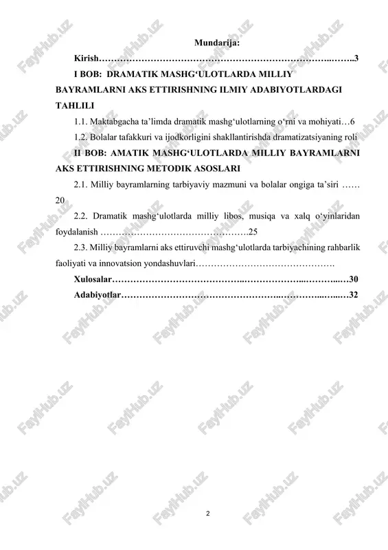 hnalashtirish ishlari bolalarda milliy qadriyatlarga hurmatni, tarixiy o‘tgan avlodlarga ehtiromni oshiradi. o‘zbekiston respublikasi prezidentining “maktabgacha ta’lim tizimini takomillashtirish to‘g‘risida”gi qarorlari hamda “ilk qadam” davlat dasturida bolalarni milliy va umuminsoniy qadriyatlar asosida tarbiyalash, ularning ijodiy salohiyatini rivojlantirish dolzarb vazifa sifatida belgilangan. shu nuqtai nazardan qaraganda, dramatik mashg‘ulotlar jarayonida milliy bayramlarni sahnalashtirish, ularning mazmunini bolalar ongiga singdirish nafaqat ta’limiy, balki tarbiyaviy ahamiyatga ham ega. milliy bayramlar — xalqning tarixiy xotirasi, qadriyatlari va ma’naviy hayotining ajralmas qismi bo‘lib, ularni sahna orqali ifodalash maktabgacha ta’lim tizimida bolalar qalbiga milliy g‘urur, vatanparvarlik, hamjihatlik va do‘stlik tuyg‘ularini singdirishga xizmat qiladi. dramatik mashg‘ulotlar orqali bolalar o‘z xalqining an’analarini his etadi, ularni ifoda etish orqali esa ijtimoiy faol, tashabbuskor, ijodiy shaxs sifatida shakllanadi. shu bois, “dramatik mashg‘ulotlarda milliy bayramlarni aks ettirish” mavzusi o‘zining nazariy va amaliy jihatdan dolzarbligi, ta’lim-tarbiya jarayonida samarali qo‘llanilishi bilan maktabgacha ta’lim tizimida muhim o‘rin tutadi. mazkur kurs ishi dramatik mashg‘ulotlarning tarbiyaviy imkoniyatlarini ochib berish, …