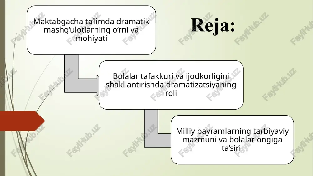 atik mashg‘ulotlarning tarbiyaviy ahamiyati dramatik mashg‘ulotlar – bu bolalarning nutqini, tafakkurini, tasavvurini, hissiyotini va jamoada ishlash ko‘nikmalarini rivojlantiruvchi ijodiy faoliyat shaklidir. unda bolalar sahna harakati, ifoda vositalari, muloqot madaniyati, o‘zaro hurmatni o‘rganadilar. milliy bayramlar bilan bog‘liq dramatik mashg‘ulotlar quyidagi tarbiyaviy maqsadlarga xizmat qiladi: milliy qadriyatlar, urf-odatlar va an’analar haqida tushuncha beradi; xalq bayramlarining tarixiy ildizlarini bolalarga sodda tilda tushuntiradi; estetik his-tuyg‘ular, go‘zallikni ko‘ra bilish qobiliyatini rivojlantiradi; mustaqil fikrlash, ijodiy yondashuv va ishtirok etish hissini uyg‘otadi. dramatik mashg‘ulotlarda milliy bayramlarni aks ettirish – bu nafaqat bolalarni quvontiruvchi estetik faoliyat, balki ularning milliy o‘zligini anglash, tarix va madaniyatga hurmat, ijodiy tafakkur va jamoaviylikni shakllantiruvchi muhim pedagogik jarayondir. shunday mashg‘ulotlar orqali bolalar milliy qadriyatlarni yurakdan his etib, ularga sadoqat bilan qarashni o‘rganadilar. milliy bayramlarni dramatik shaklda aks ettirish yo‘llari milliy bayramlarni dramatik mashg‘ulotlarda ifodalashda tarbiyachilar turli metodlardan foydalanadilar. jumladan: ssenariy asosida kichik sahnalar yaratish: masalan, navro‘z bayrami sahnasida “sumalak tayyorlash”, “navro‘z keldi, bahor …