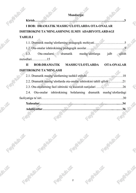 atini jamlash, fantaziyalari va tasavvurlarini boyitish, sahna faoliyatiga bo‘lgan qiziqishini uyg‘otish imkonini beradi. shu bilan birga, ota-onalarning faol ishtiroki bolalarning o‘zini ifodalash, ijtimoiylashuv va jamoaviylik ko‘nikmalarini rivojlantirishda samarali vosita hisoblanadi. shu bois, maktabgacha ta’lim muassasalarida dramatik mashg‘ulotlarda ota-onalarni jalb qilishning metodikasi pedagogik amaliyotning dolzarb masalalaridan biri sifatida ajralib turadi. kurs ishida dramatik mashg‘ulotlarda ota-onalar ishtiroki orqali bolalarning ijodiy ifoda, nutq va harakat ko‘nikmalari, shuningdek, ijtimoiy va emotsional rivojlanishini shakllantirishning samarali usullari o‘rganiladi. tadqiqot natijalari amaliy mashg‘ulotlarda ota-onalarni jalb qilish bo‘yicha tavsiyalar ishlab chiqishga xizmat qiladi. mavzuning dolzarbligi – dramatik mashg‘ulotlarda ota-onalar ishtiroki bolalarning ijodiy va estetik rivojlanishini ta’minlashning samarali usullaridan biri hisoblanadi. zamonaviy ta’lim jarayonida bolalarning diqqatini jamlash, fantaziyalari va sahna faoliyatiga qiziqishini uyg‘otish, ota-onalarni pedagogik jarayonga faol jalb qilish talab etiladi. shu sababli, dramatik mashg‘ulotlarda ota-onalar ishtirokini ta’minlash metodikasi dolzarb pedagogik mavzu sifatida ajralib turadi. kurs ishining maqsadi – maktabgacha yoshdagi bolalarda dramatik mashg‘ulotlar orqali ota-onalar ishtirokini ta’minlash va …