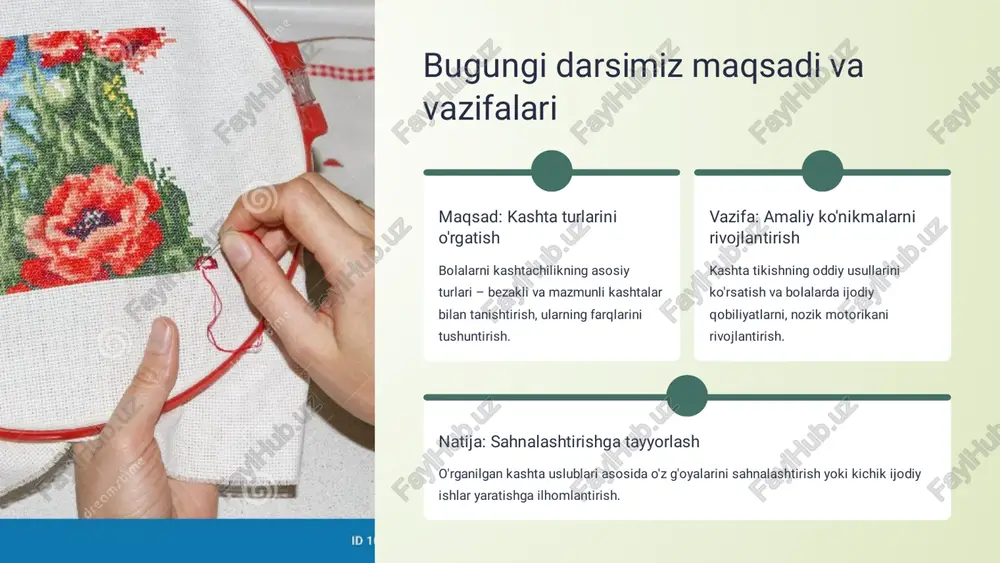 him. o'simlik naqshlari tabiat go'zalligini aks ettiradi. gullar, uzum barglari, mevalar, ba'zan esa hayvon tasvirlari ham kiritiladi. • hayot, o'sish va unumdorlik ramzi. • eng mashhurlari: anor, bodom, lola. mazmunli kashtalar: hikoya qiluvchi kashtalar, ularning ahamiyati mazmunli kashtalar (syujetli kashtalar) shunchaki bezak emas, balki bir voqea, an'ana yoki afsonani ifodalaydi. ular tomoshabinga biror xabarni yetkazishni maqsad qiladi. sahnalashtirish uchun asos bolalar bu kashtalardan ilhomlanib, o'z asarlarini yaratishlari, ularni kichik sahna ko'rinishlariga aylantirishlari mumkin. hayotiy voqealar aks ettirilishi to'y marosimi, hosil bayrami, ov manzaralari kabi muhim hayotiy hodisalar tasvirlanadi. afsonalar va miflar qahramonlar, maxluqlar yoki diniy personajlar tasviri orqali chuqur ma'naviy yoki tarixiy hikoyalar ifodalanadi. ramziy ma'noga ega bo'lgan mazmunli kashtalar kashtalardagi har bir elementning o'z ma'nosi bor. ular buyumni tikkan insonning orzu-umidlari va himoya istaklarini aks ettiradi. qushlar baxt, erkinlik va oilaviy farovonlikni anglatadi, ayniqsa to'ti yoki bulbul tasvirlari. yulduz va quyosh abadiylik, hayot davomiyligi, nur va yaxshilik timsoli. qalampir …
