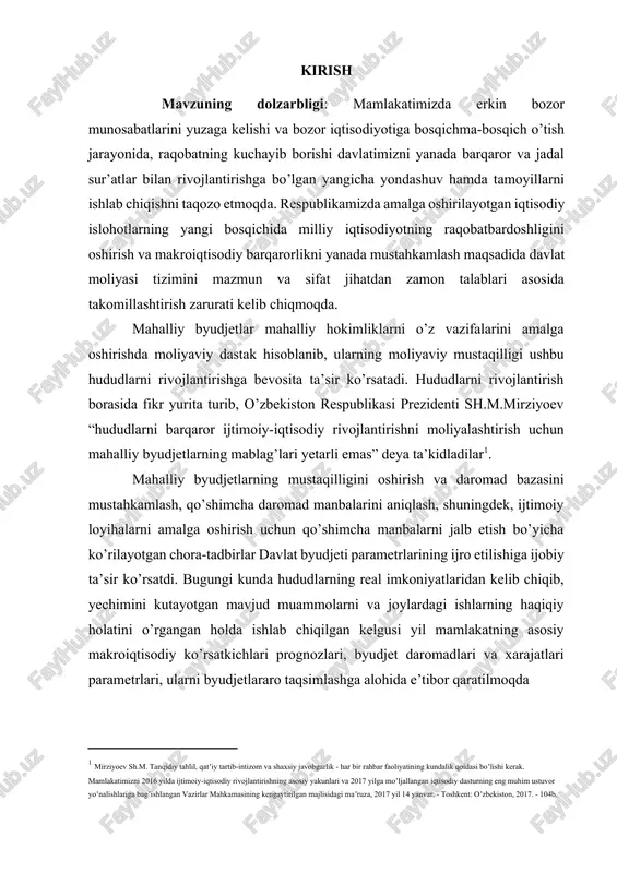 ng muhim ustuvor yoʼnalishlariga bagʼishlangan vazirlar mahkamasining kengaytirilgan majlisidagi maʼruza, 2017 yil 14 yanvar. - toshkent: oʼzbekiston, 2017. - 104b. ] mahalliy byudjetlarning mustaqilligini oshirish va daromad bazasini mustahkamlash, qo’shimcha daromad manbalarini aniqlash, shuningdek, ijtimoiy loyihalarni amalga oshirish uchun qo’shimcha manbalarni jalb etish bo’yicha ko’rilayotgan chora-tadbirlar davlat byudjeti parametrlarining ijro etilishiga ijobiy ta’sir ko’rsatdi. bugungi kunda hududlarning real imkoniyatlaridan kelib chiqib, yechimini kutayotgan mavjud muammolarni va joylardagi ishlarning haqiqiy holatini o’rgangan holda ishlab chiqilgan kelgusi yil mamlakatning asosiy makroiqtisodiy ko’rsatkichlari prognozlari, byudjet daromadlari va xarajatlari parametrlari, ularni byudjetlararo taqsimlashga alohida e’tibor qaratilmoqda kurs ishi maqsadi: byudjet taqchilligi va uni moliyalashtirish man’balarihaqidailmiy-metodik tavsiyalar ishlab chiqish. kurs ishi ob’ekti: byudjet taqchilligi va uni moliyalashtirish man’balari bilan tanishtirish jarayoni kurs ishi predmeti: byudjet taqchilligi va uni moliyalashtirish man’balari bilan tanishtirish ko’nikmalari kurs ishining amaliy ahamiyati. kurs ishi jarayonida ilgari surilgan fikrlardan, yondashuvlardan hamda samaradorligini ta’minlovchi kurs ishi natijalaridan pedagogik fanlar bo‘yicha ma’ruzalar tayyorlash, …