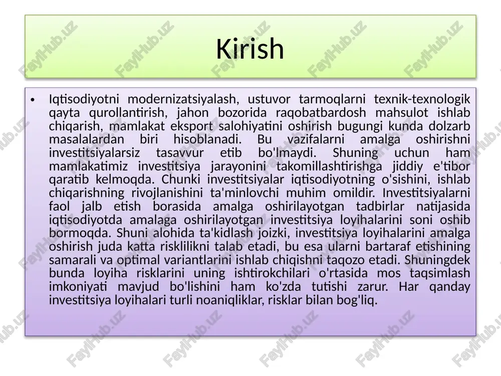 . risk funktsiyalari ko’rib chiqilayotgan paytda shuni esda saqlash lozimki, risk o’z mohiyatiga ko’ra, nafaqat, zarar keltirishi mumkin, balki iqtisodiyotni rag’batlantiruvchi xususiyatga ham egadir. riskni talqin qilishda i.f.d. m.sharifxujaev, yo.abdullaevlarning hammualliflikdagi “menejment: 100 savol va javob” kitobida ham mantiqiy, ham lug’aviy ma’nodan kelib chiqib yondashilgan. jumladan: - xavf - biror ko’ngilsiz hodisa yoki falokat yuz berish ehtimolligi; xatar; qo’rqinch; - xatar - biror baxtsizlikka, falokatga olib kelishi mumkin bo’lgan sharoit; xavf, tahlika; - xavf-xatar - xavf va xatar, biror narsadan qo’rqish13 ; - tavakkalchilik - bu oqibatning yaxshi bo’lishiga umid bog’lab, xavf ehtimolligini zimmasiga olgan holda qilinadigan harakat; - tavakkalchilik - bu resurs yoki daromaddan to’la yoxud qisman yo’qotish xavfi; - tavakkalchilik - bu noaniqlik sharoitida har qanday dovyurak menejer uchun tabiiy holat, vaziyat. tavakkalchilik botirning ishi; - tavakkalchilik - bu omadsiz oqibatning miqdoriy baholanishi investitsiya riski umumiy moliyaviy riskning tarkibiy qismi bo'lib, o'zida moliyaviy yo'qotishlar ehtimolini va investitsiyalashdan daromadlarui …